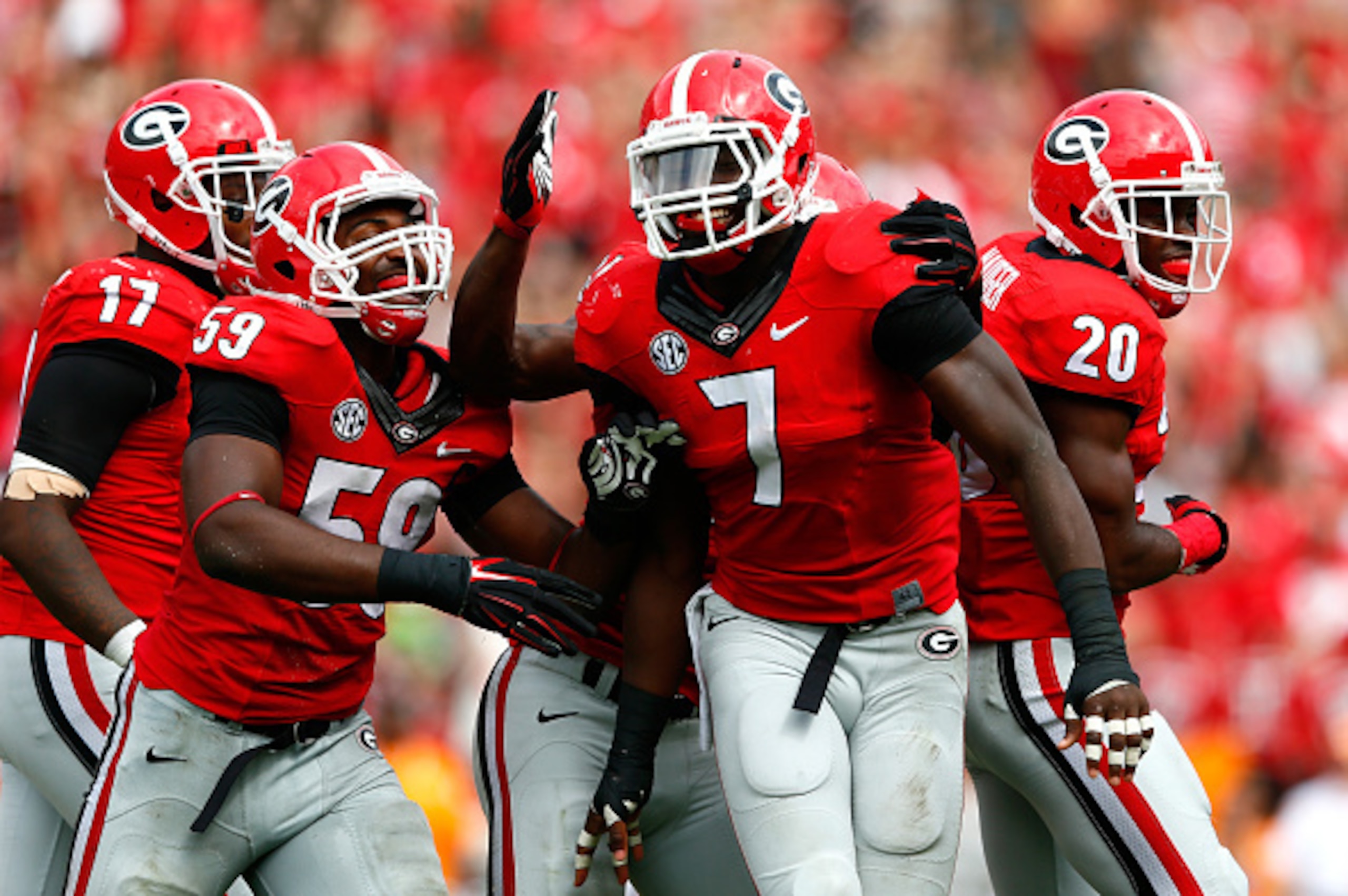 ATHENS, GA - SEPTEMBER 27:  Lorenzo Carter #7 of the Georgia Bulldogs reacts after a defensive stop against the Tennessee Volunteers at Sanford Stadium on September 27, 2014 in Athens, Georgia.  (Photo by Kevin C. Cox/Getty Images)