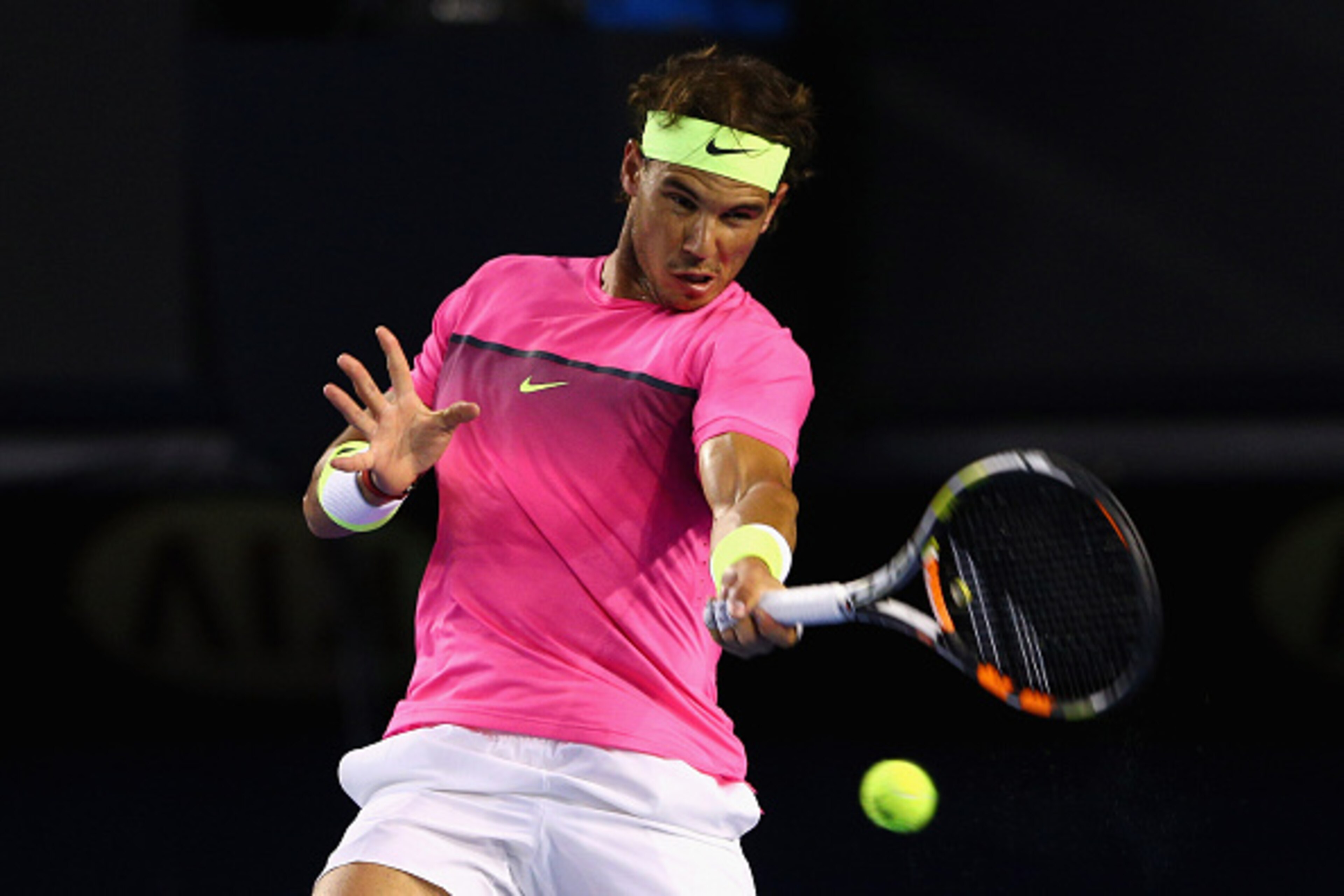 MELBOURNE, AUSTRALIA - JANUARY 23:  Rafael Nadal of Spain plays a forehand in his third round match against Dudi Sela of Israel during day five of the 2015 Australian Open at Melbourne Park on January 23, 2015 in Melbourne, Australia.  (Photo by Cameron S
