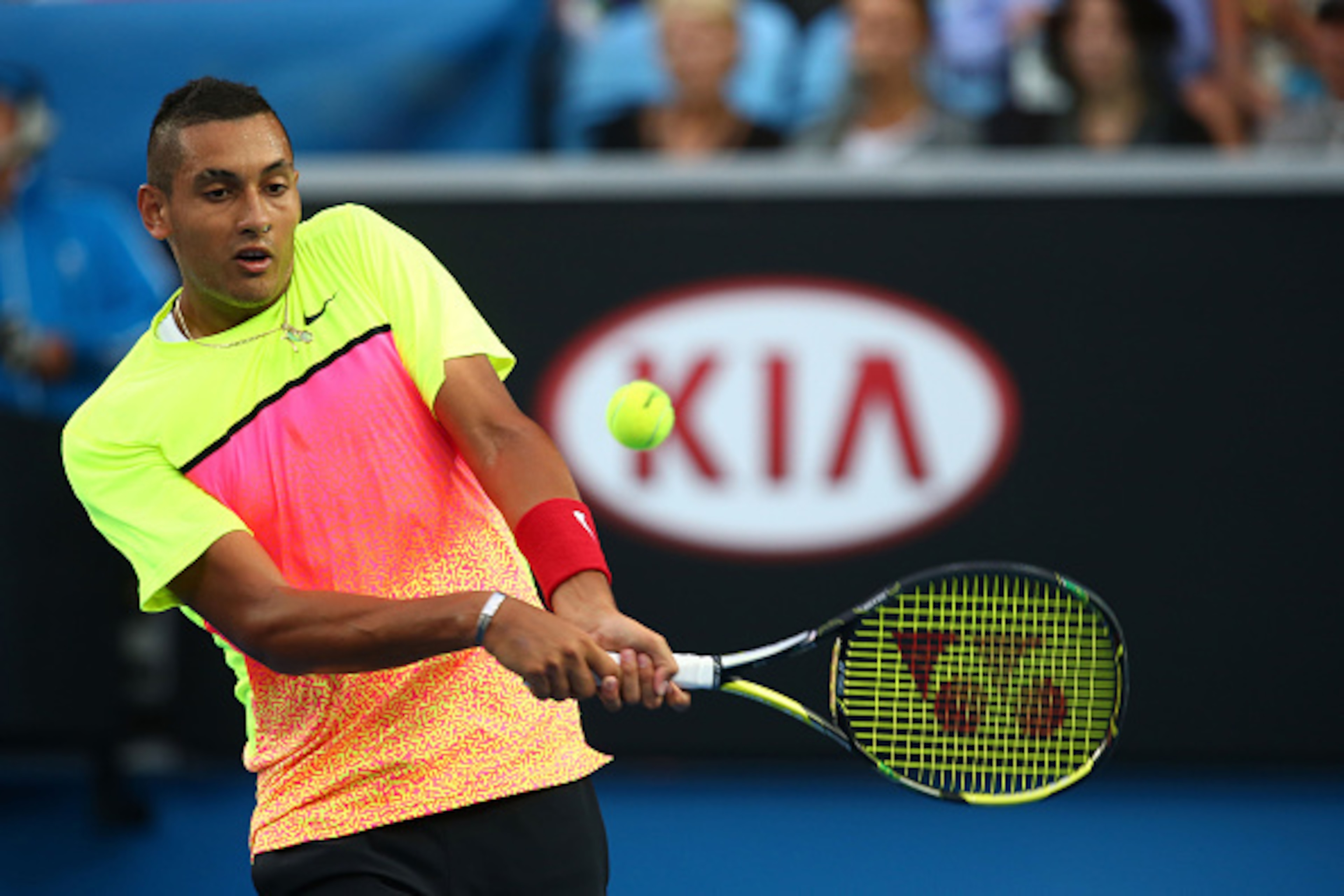 MELBOURNE, AUSTRALIA - JANUARY 23:  Nick Kyrgios of Australia plays a backhand in his third round match against Malek Jaziri of Tunisia during day five of the 2015 Australian Open at Melbourne Park on January 23, 2015 in Melbourne, Australia.  (Photo by C