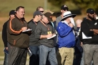 Jan 20, 2015; Fairhope, AL, USA; NFL scouts and coaches observe South squad practice at Fairhope Stadium. Mandatory Credit: John David Mercer-USA TODAY Sports