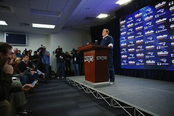 FOXBORO, MA - JANUARY 22:  New England Patriots head coach Bill Belichick talks to the media during a press conference to address the under inflation of footballs used in the AFC championship game at Gillette Stadium on January 22, 2015 in Foxboro, Massac