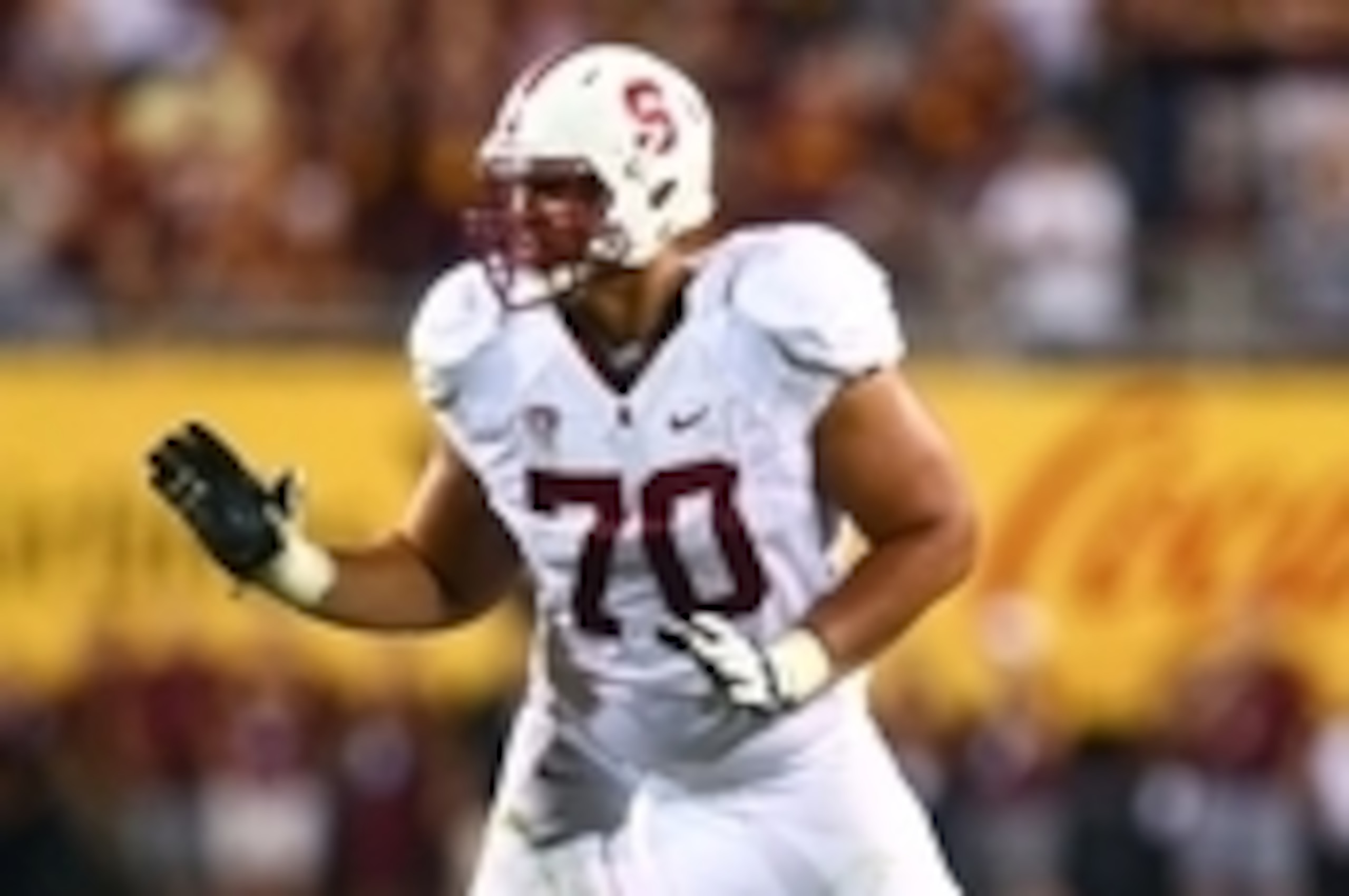 Oct 18, 2014; Tempe, AZ, USA; Stanford Cardinal offensive tackle Andrus Peat (70) against the Arizona State Sun Devils at Sun Devil Stadium. The Sun Devils defeated the Cardinal 26-10. Mandatory Credit: Mark J. Rebilas-USA TODAY Sports