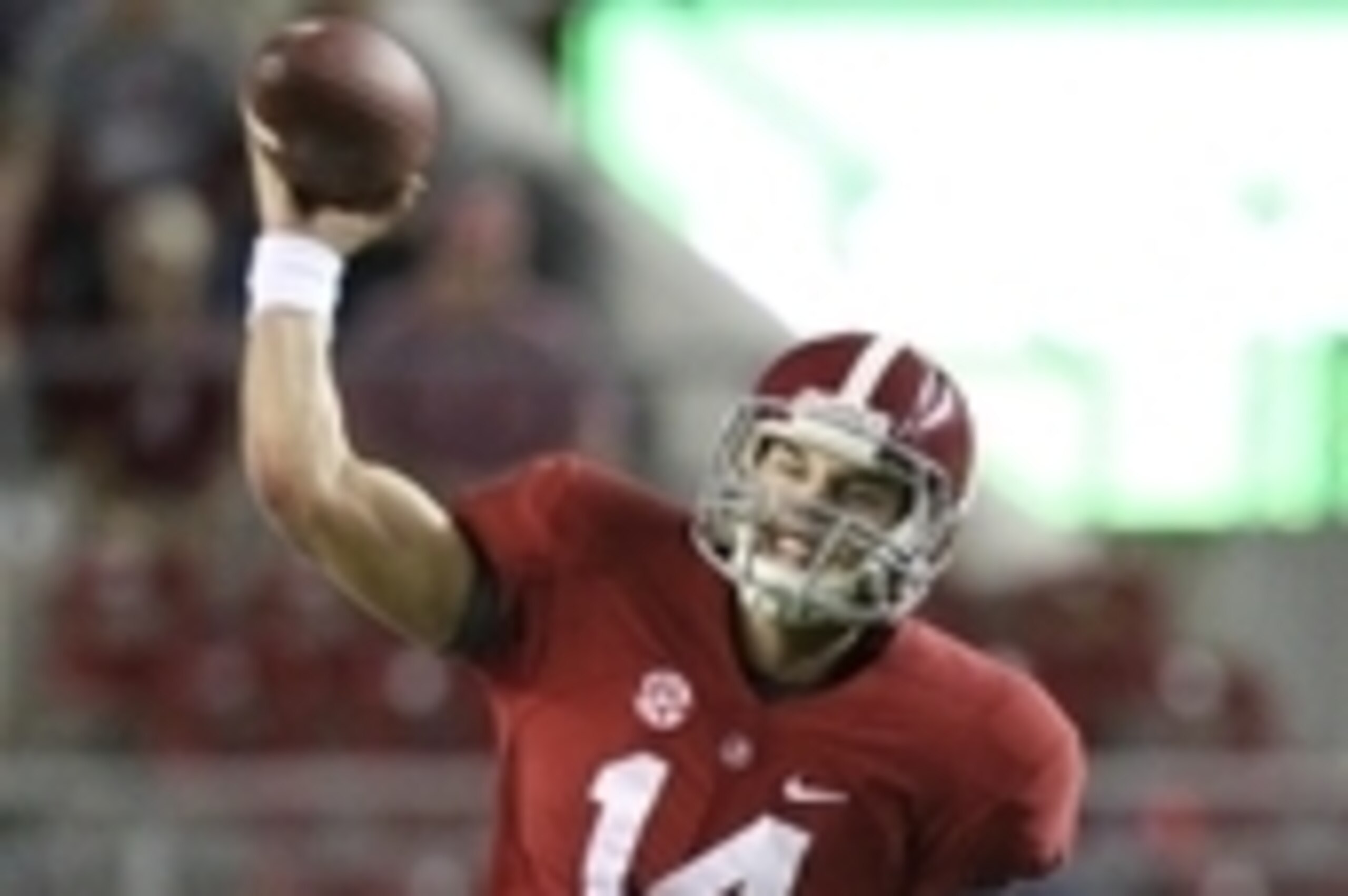 NNov 22, 2014; Tuscaloosa, AL, USA; Alabama Crimson Tide quarterback Jake Coker (14) passes against the Western Carolina Catamounts at Bryant-Denny Stadium. The Crimson Tide defeated the Catamounts 48-14. Mandatory Credit: Marvin Gentry-USA TODAY Sports