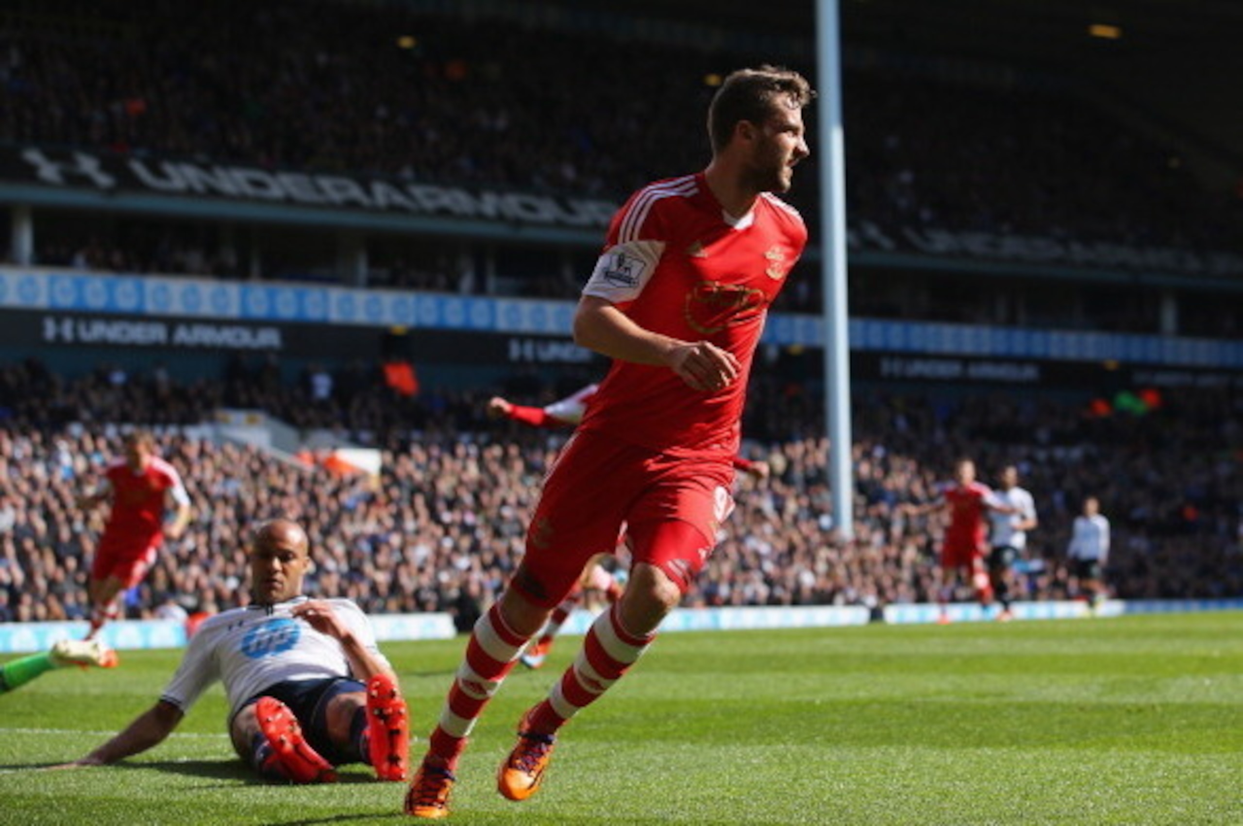 LONDON, ENGLAND - MARCH 23:  Jay Rodriguez of Southampton turns away after scoring the opening goal during the Barclays Premier League match between Tottenham Hotspur and Southampton at White Hart Lane on March 23, 2014 in London, England.  (Photo by Cliv
