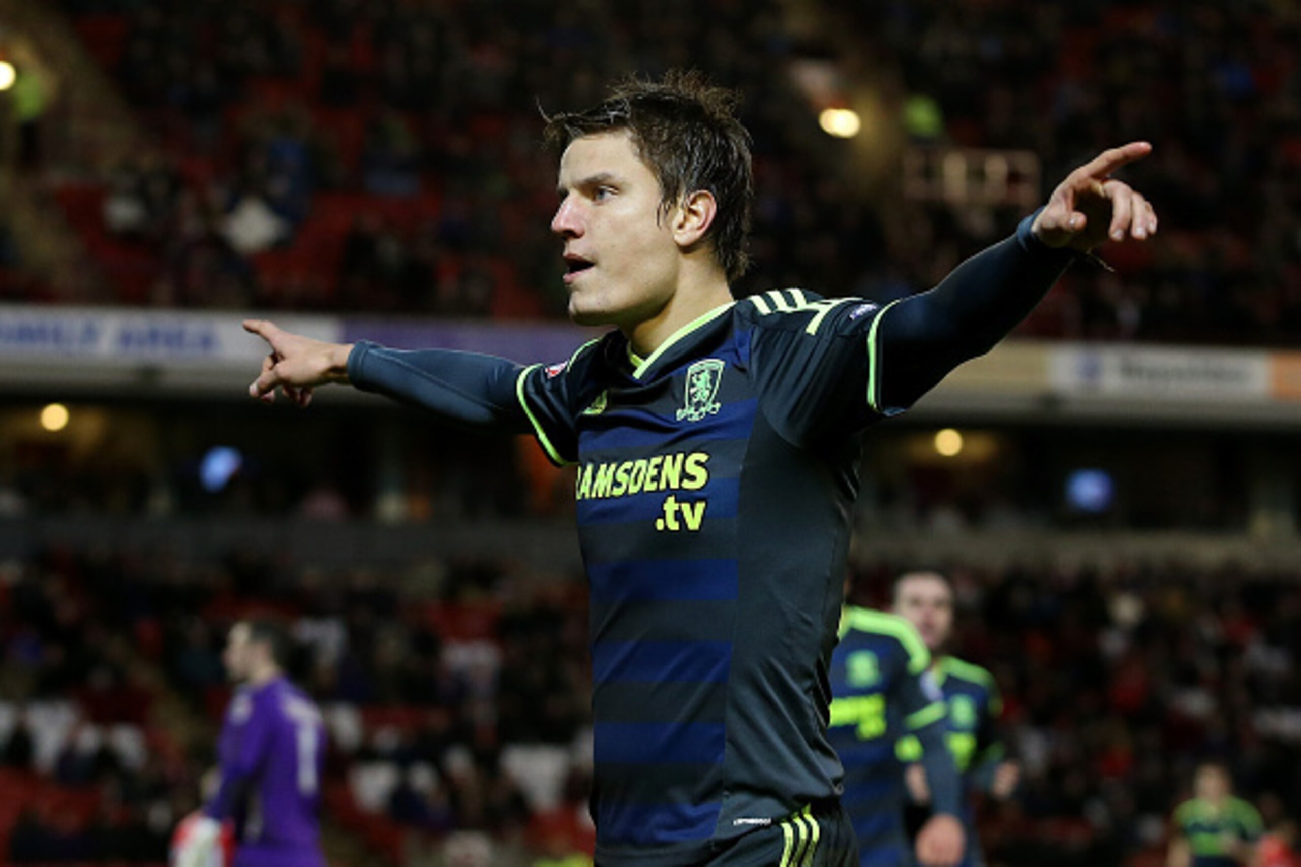 BARNSLEY, ENGLAND - JANUARY 03:  Jelle Vossen of Middlesbrough celebrates  his goal during the FA Cup Third Round match between Barnsley and Middlesbrough at Oakwell Stadium on January 3, 2015 in Barnsley, England.  (Photo by Jan Kruger/Getty Images)