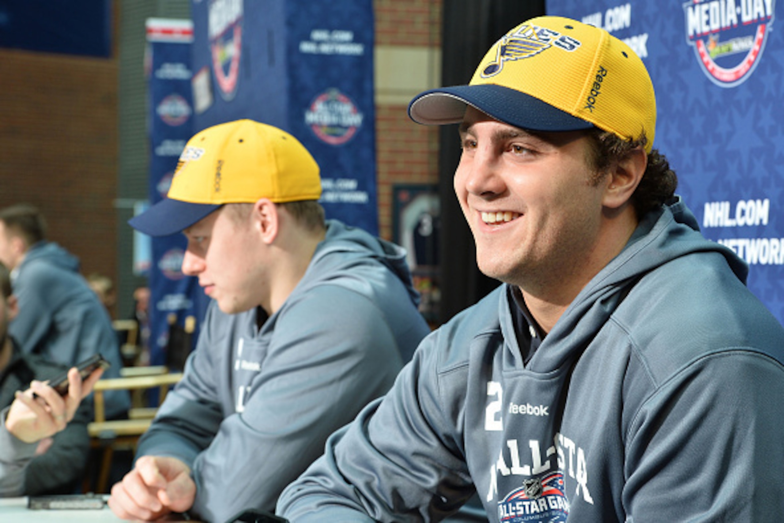 COLUMBUS, OH - JANUARY 23: (L-R) Vladimir Tarasenko #91 and Kevin Shattenkirk #22 of the St. Louis Blues speak during media availability as part of the 2015 NHL All-Star Weekend at Nationwide Arena on January 23, 2015 in Columbus, Ohio.  (Photo by Jamie S