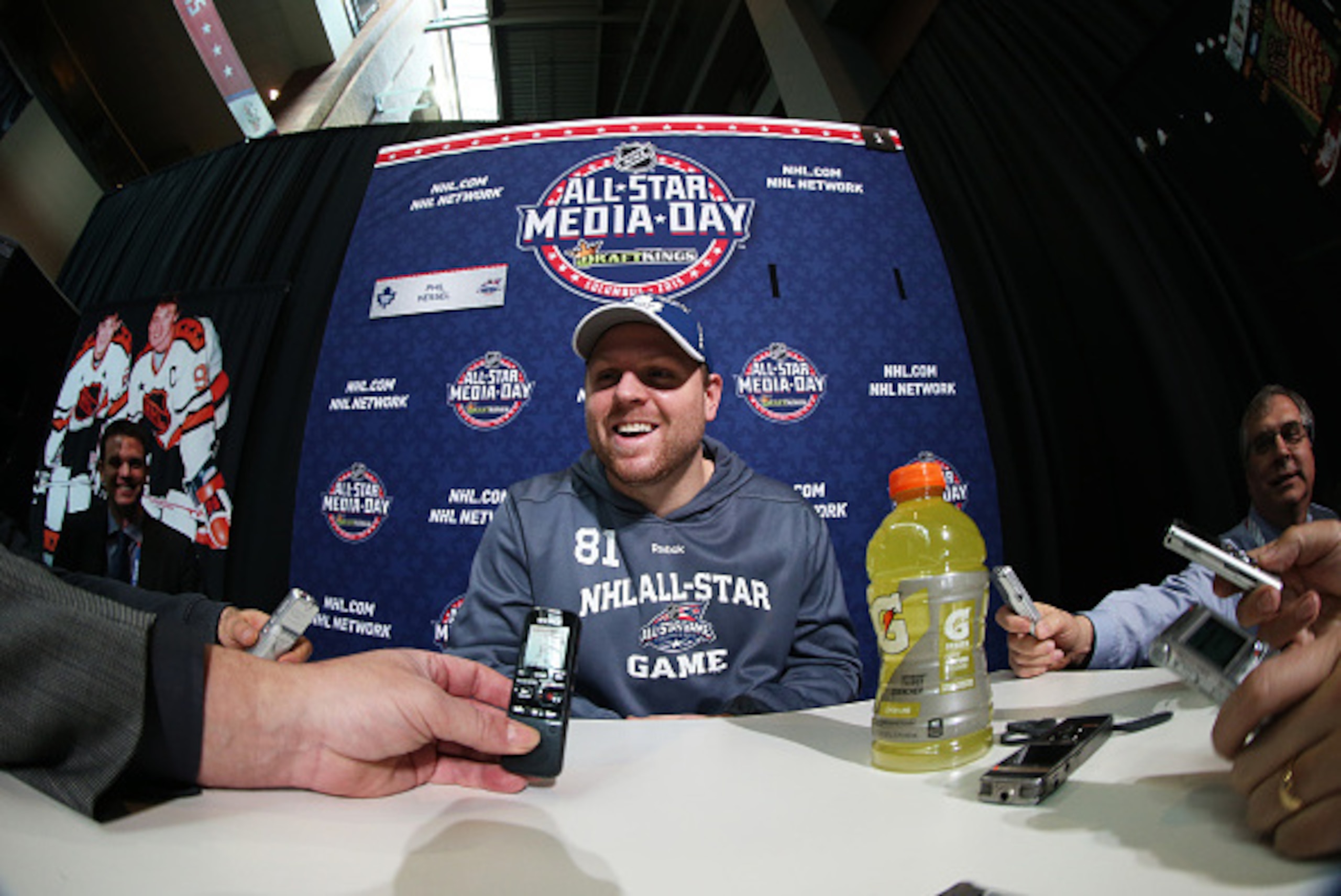 COLUMBUS, OH - JANUARY 23:  Phil Kessel #81 of the Toronto Maple Leafs speaks during Media Availability for the 2015 NHL All-Star Weekend at the Nationwide Arena on January 23, 2015 in Columbus, Ohio.  (Photo by Bruce Bennett/Getty Images)