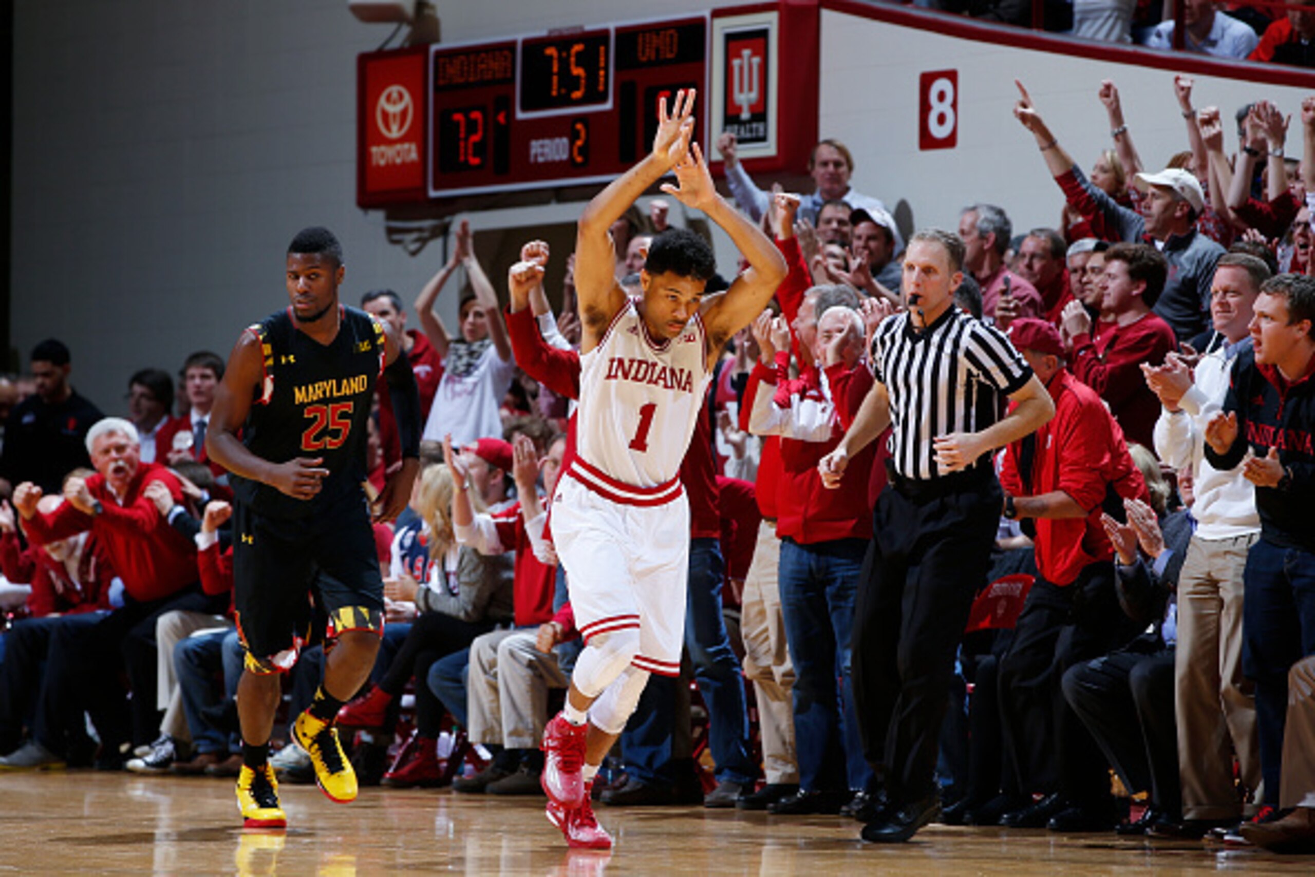 BLOOMINGTON, IN - JANUARY 22: James Blackmon Jr. #1 of the Indiana Hoosiers reacts after making a three-point basket against the Maryland Terrapins during the game at Assembly Hall on January 22, 2015 in Bloomington, Indiana. The Hoosiers defeated the Ter