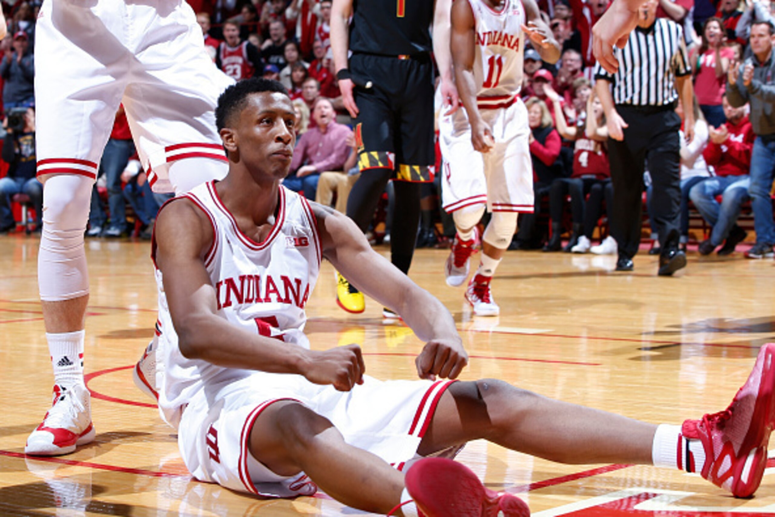 BLOOMINGTON, IN - JANUARY 22: Troy Williams #5 of the Indiana Hoosiers celebrates after a made basket against the Maryland Terrapins in the first half of the game at Assembly Hall on January 22, 2015 in Bloomington, Indiana. (Photo by Joe Robbins/Getty Im