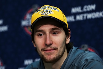 COLUMBUS, OH - JANUARY 23:  Filip Forsberg #9 of the Nashville Predators speaks during Media Availability for the 2015 NHL All-Star Weekend at the Nationwide Arena on January 23, 2015 in Columbus, Ohio.  (Photo by Bruce Bennett/Getty Images)