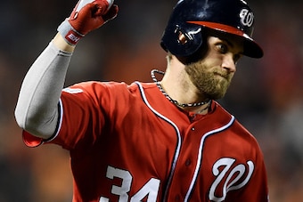 SAN FRANCISCO, CA - OCTOBER 07:  Bryce Harper #34 of the Washington Nationals celebrates his solo home run in the seventh inning against the San Francisco Giants during Game Four of the National League Division Series at AT&T Park on October 7, 2014 in Sa