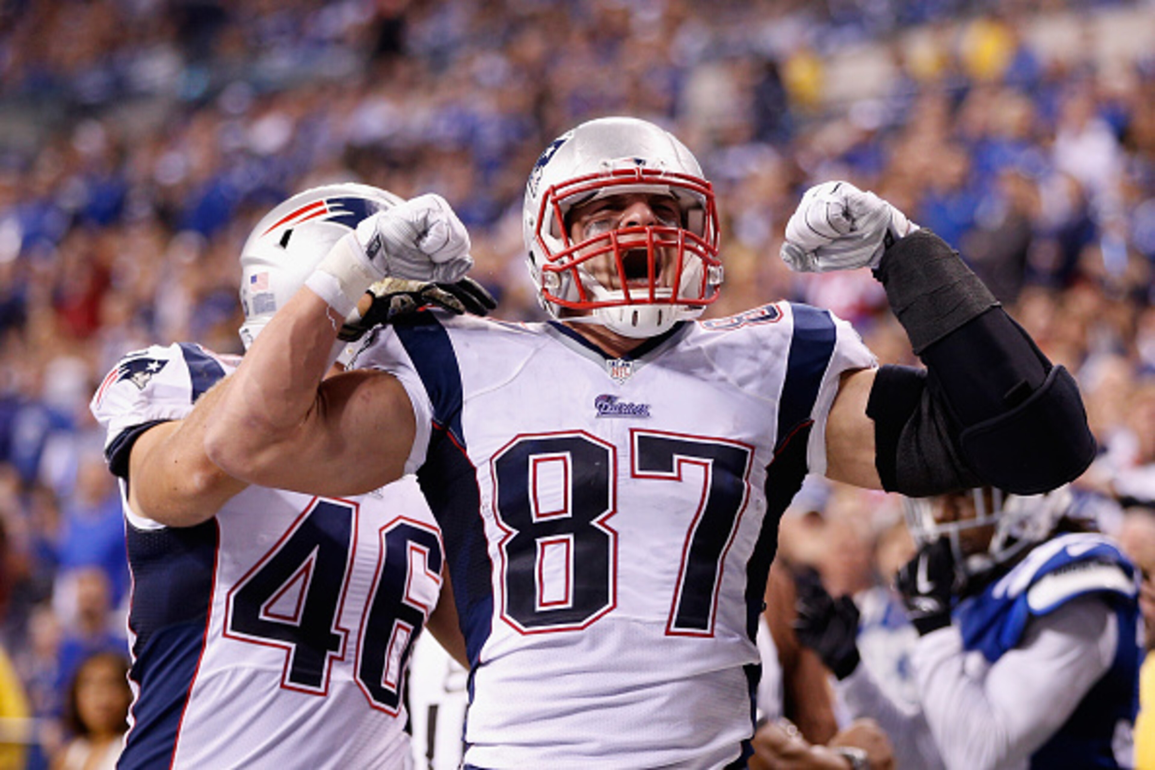 INDIANAPOLIS, IN - NOVEMBER 16:  Rob Gronkowski #87 of the New England Patriots celebrates his touchdown against the Indianapolis Colts during the fourth quarter of the game at Lucas Oil Stadium on November 16, 2014 in Indianapolis, Indiana.  (Photo by Jo