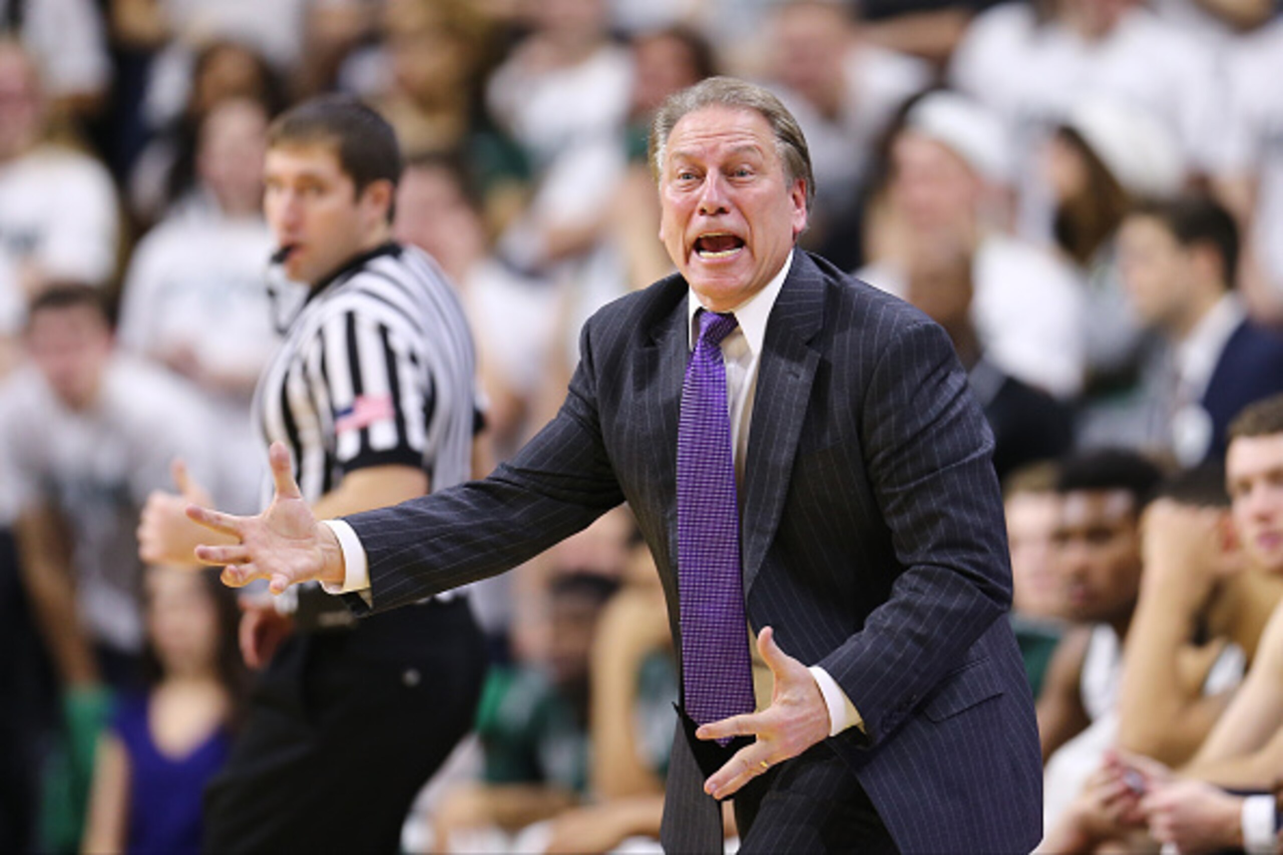 EAST LANSING, MI - JANUARY 21:  Head coach Tom Izzo of the Michigan State Spartans reacts during the game against the Penn State Nittany Lions at the Breslin Center on January 21, 2015 in East Lansing, Michigan. (Photo by Rey Del Rio/Getty Images)