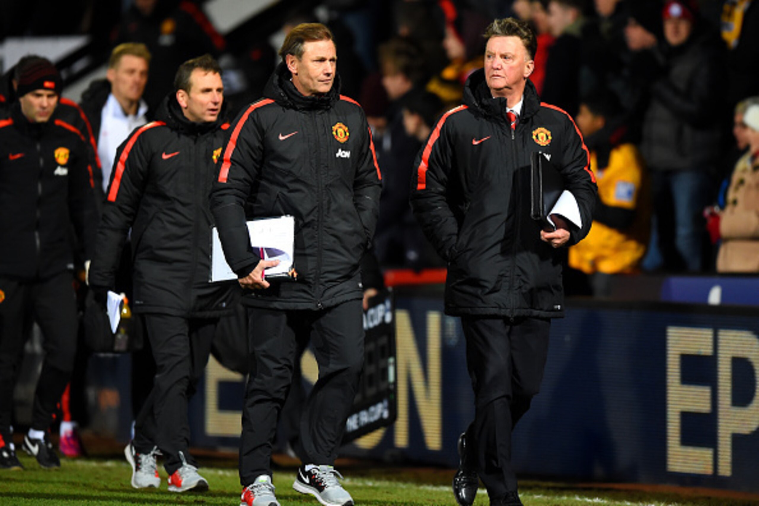 CAMBRIDGE, ENGLAND - JANUARY 23:  Louis van Gaal, manager of Manchester United walks off the pitch at half-time in the FA Cup Fourth Round match between Cambridge United and Manchester United at The R Costings Abbey Stadium on January 23, 2015 in Cambridg