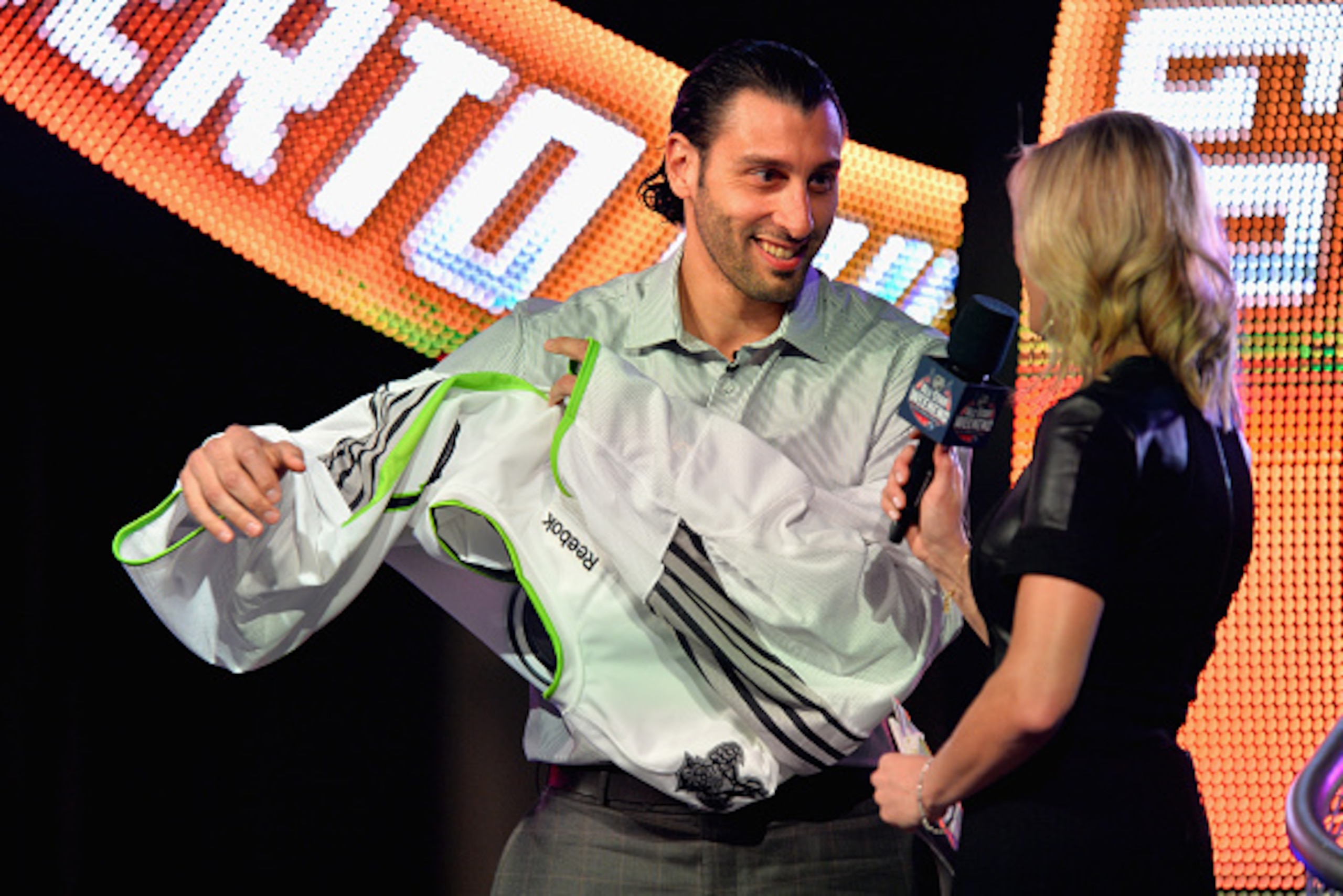 COLUMBUS, OH - JANUARY 23:  Roberto Luongo #1 of the Florida Panthers smiles after being selected by Team Toews during the NHL All-Star Fantasy Draft as part of the 2015 NHL All-Star Weekend at Greater Columbus Convention Center on January 23, 2015 in Col