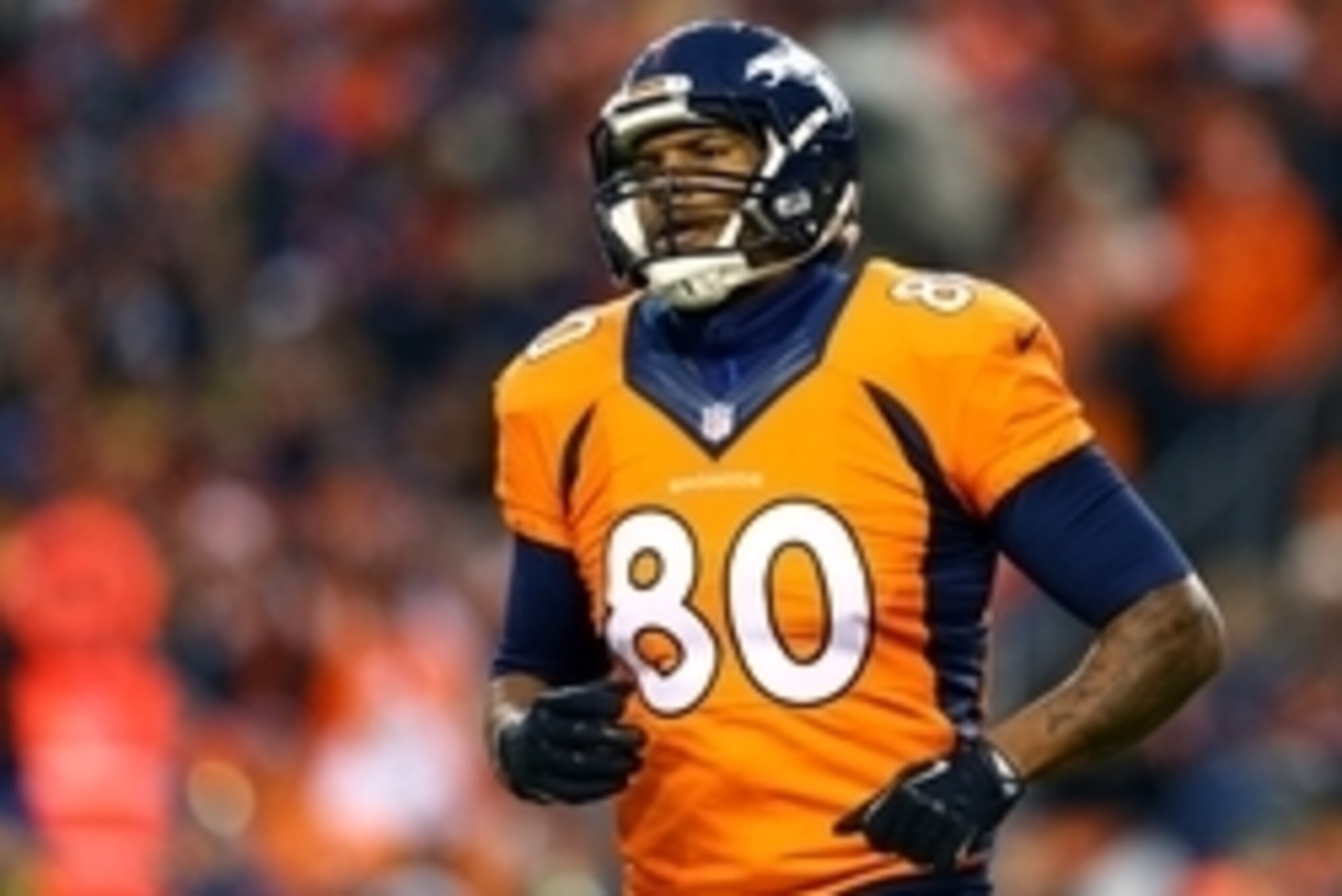 Jan 11, 2015; Denver, CO, USA; Denver Broncos tight end Julius Thomas (80) against the Indianapolis Colts in the 2014 AFC Divisional playoff football game at Sports Authority Field at Mile High. The Colts defeated the Broncos 24-13. Mandatory Credit: Mark