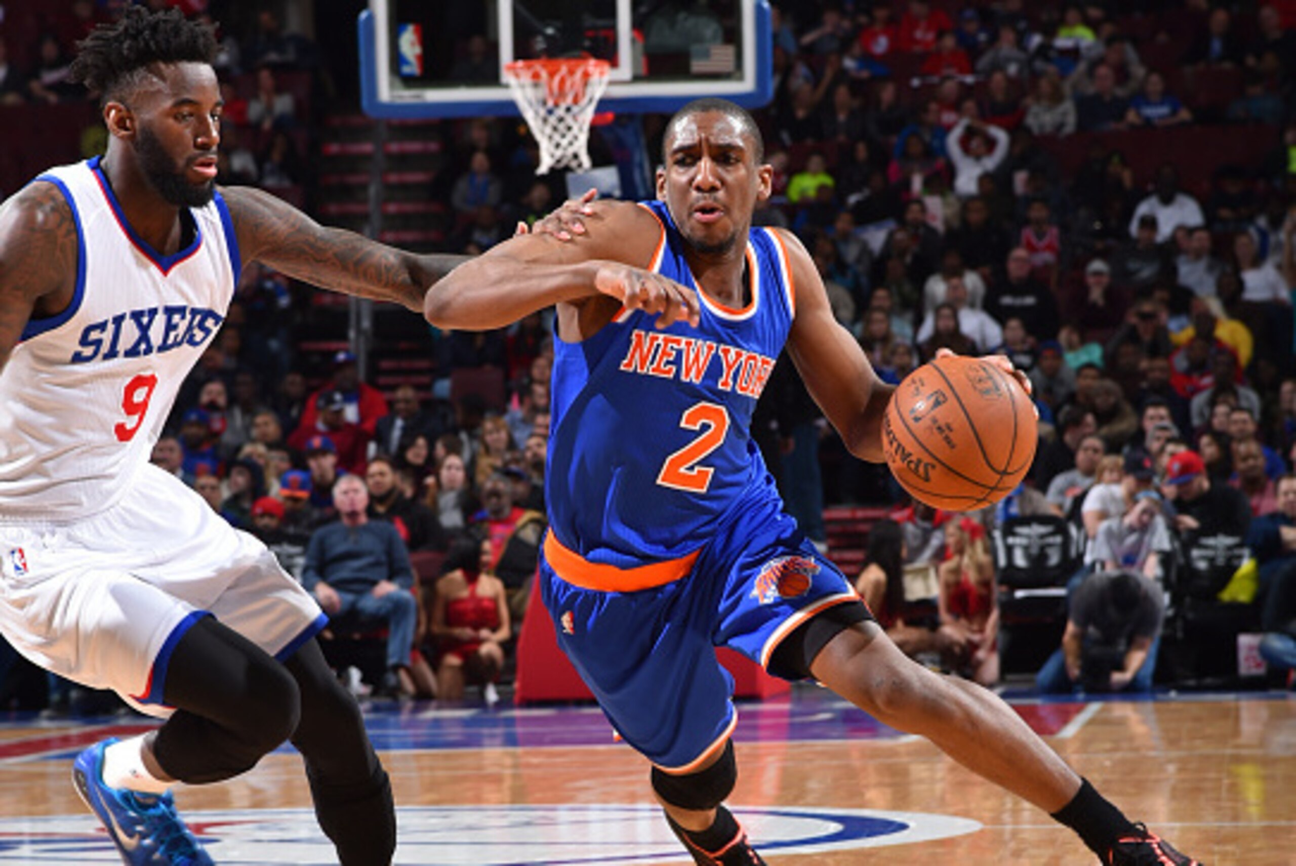 PHILADELPHIA, PA - JANUARY 21: Langston Galloway #2 of the New York Knicks drives to the basket against the Philadelphia 76ers at Wells Fargo Center on January 21, 2015 in Philadelphia, Pennsylvania NOTE TO USER: User expressly acknowledges and agrees tha