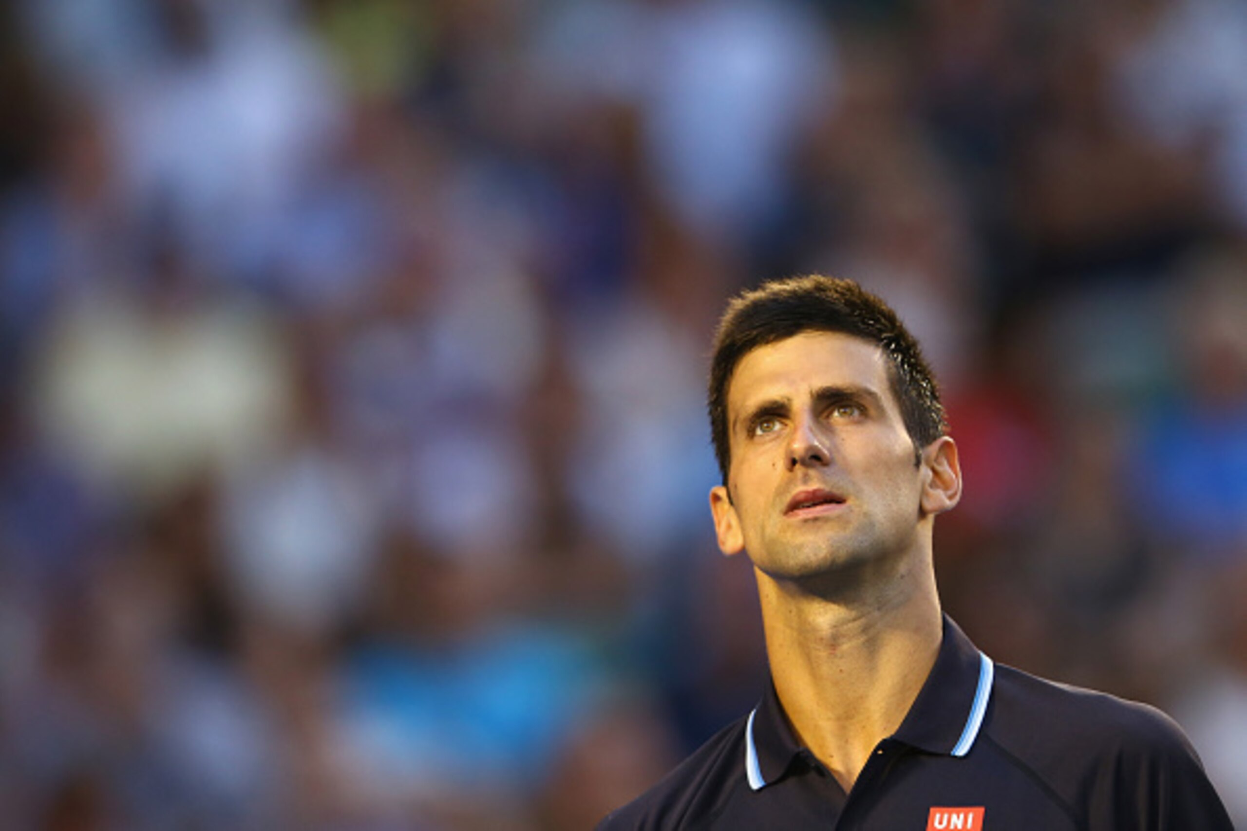 MELBOURNE, AUSTRALIA - JANUARY 24: Novak Djokovic of Serbia looks on in his third round match against Fernando Verdasco of Spain during day six of the 2015 Australian Open at Melbourne Park on January 24, 2015 in Melbourne, Australia. (Photo by Mark Kol MELBOURNE, AUSTRALIA - JANUARY 24: Novak Djokovic of Serbia looks on in his third round match against Fernando Verdasco of Spain during day six of the 2015 Australian Open at Melbourne Park on January 24, 2015 in Melbourne, Australia. (Photo by Mark Kol