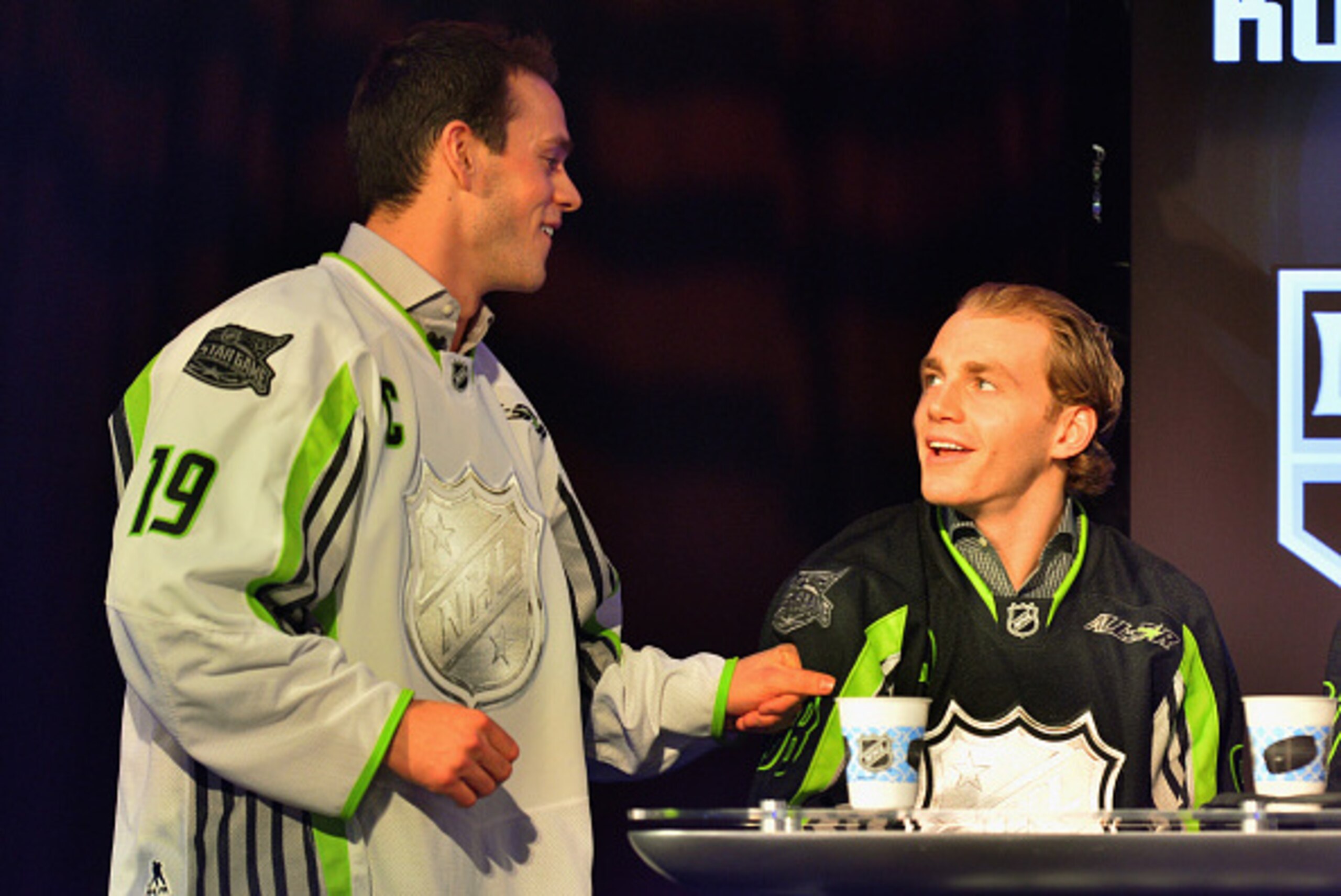 COLUMBUS, OH - JANUARY 23:  Jonathan Toews #19 of the Chicago Blackhawks and Team Toews talks to Patrick Kane #88 of the Chicago Blackhawks and Team Foligno during the NHL All-Star Fantasy Draft as part of the 2015 NHL All-Star Weekend at Greater Columbus