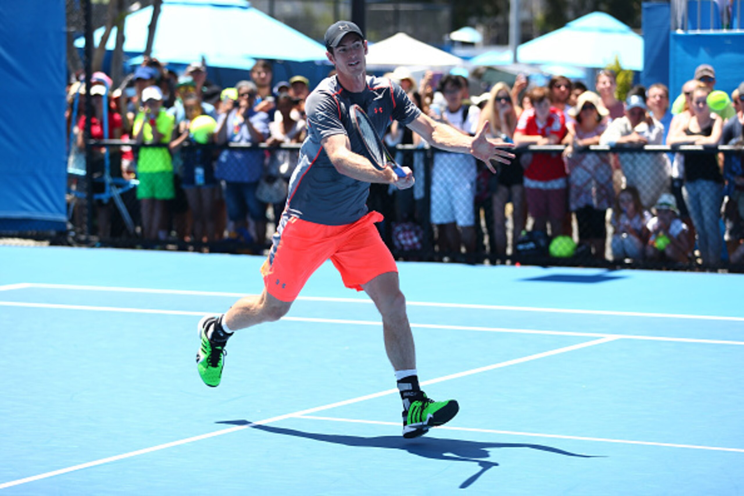 MELBOURNE, AUSTRALIA - JANUARY 24:  Andy Murray of Great Britain plays a forehand in a practice session during day six of the 2015 Australian Open at Melbourne Park on January 24, 2015 in Melbourne, Australia.  (Photo by Clive Brunskill/Getty Images)