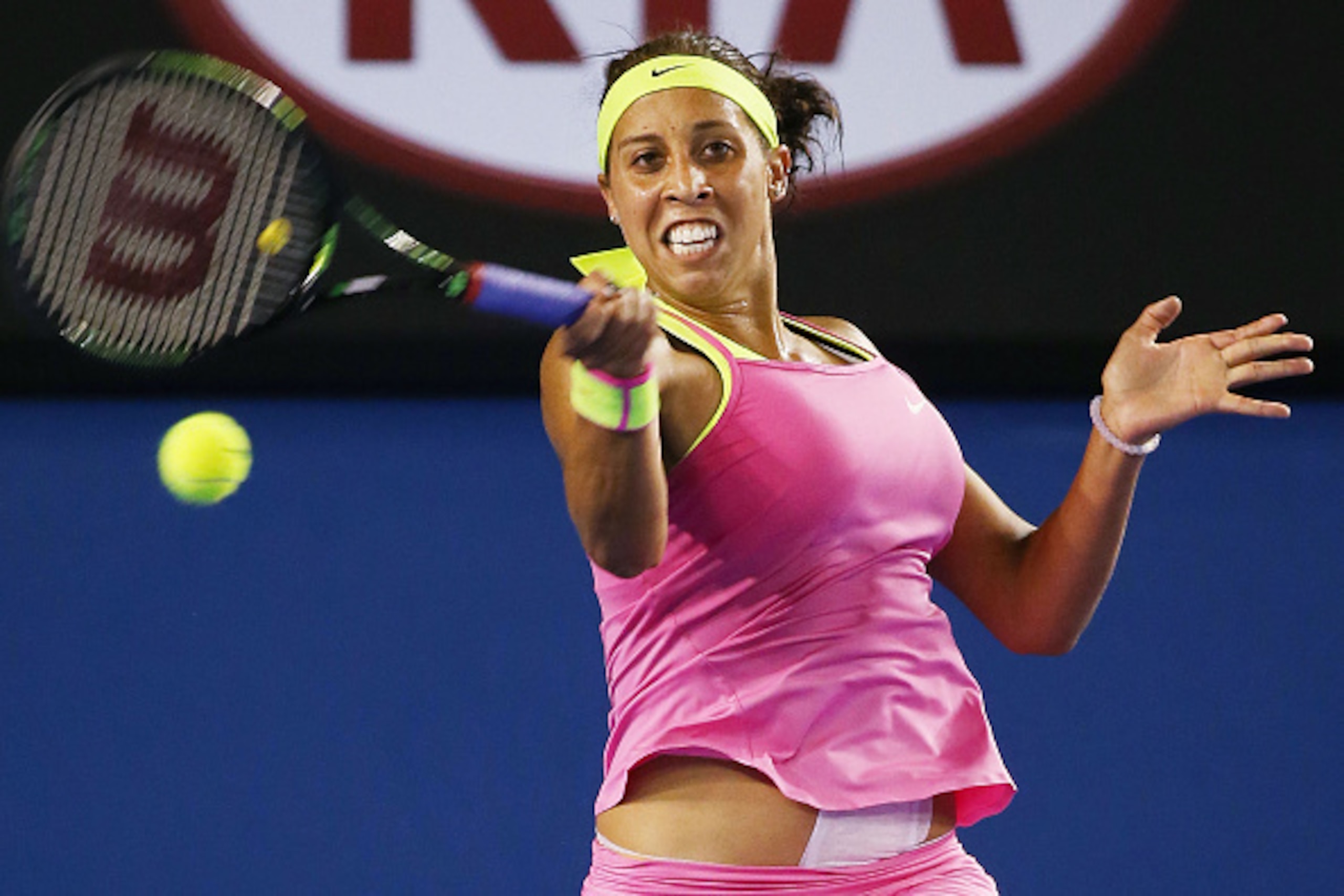 MELBOURNE, AUSTRALIA - JANUARY 24:  Madison Keys of the USA plays a forehand in her third round match against Petra Kvitova of the Czech Republic during day six of the 2015 Australian Open at Melbourne Park on January 24, 2015 in Melbourne, Australia.  (P