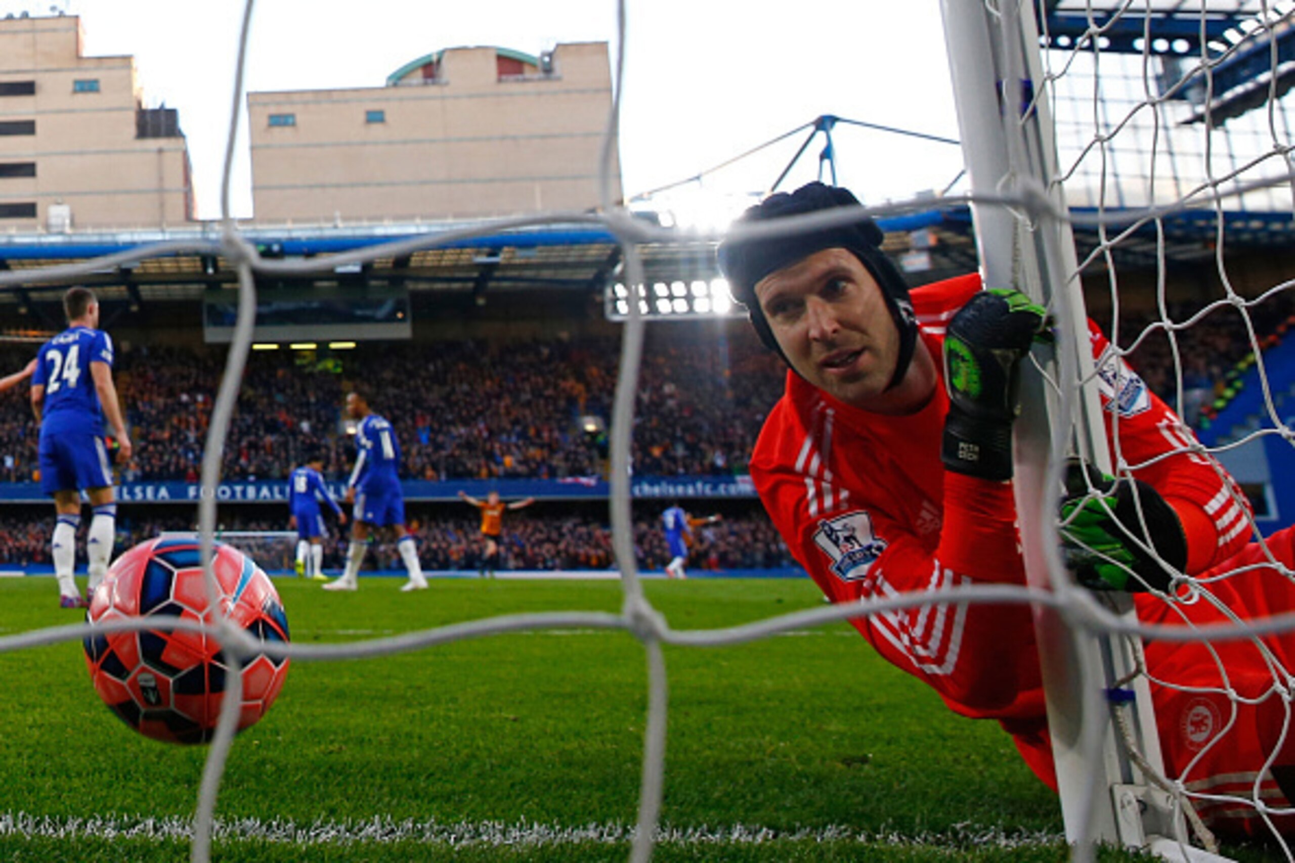LONDON, ENGLAND - JANUARY 24:  Goalkeeper Petr Cech of Chelsea looks on after being beaten by the shot from Jonathan Stead of Bradford City during the FA Cup Fourth Round match between Chelsea and Bradford City at Stamford Bridge on January 24, 2015 in Lo