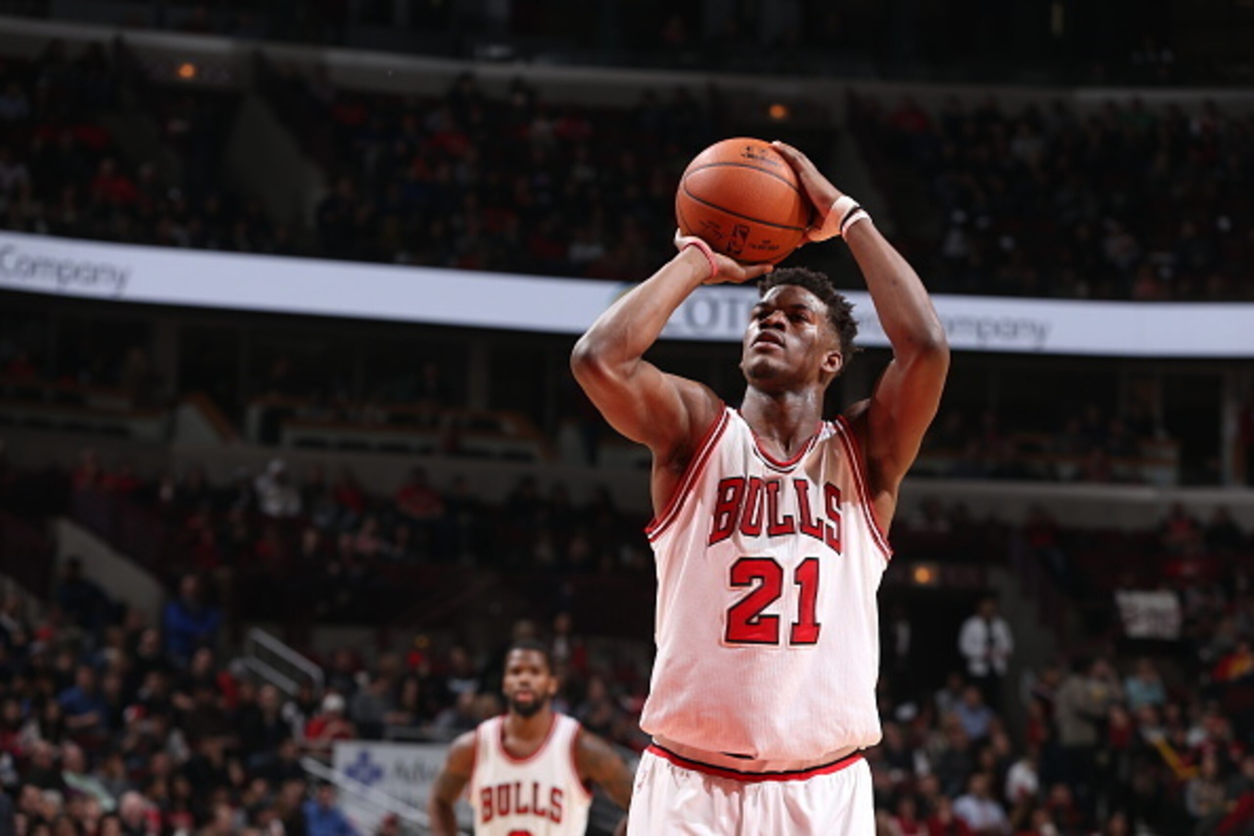 CHICAGO, IL - JANUARY 12:  Jimmy Butler #21 of the Chicago Bulls prepares to shoot a free throw against the Orlando Magic on January 12, 2015 at the United Center in Chicago, Illinois. NOTE TO USER: User expressly acknowledges and agrees that, by download