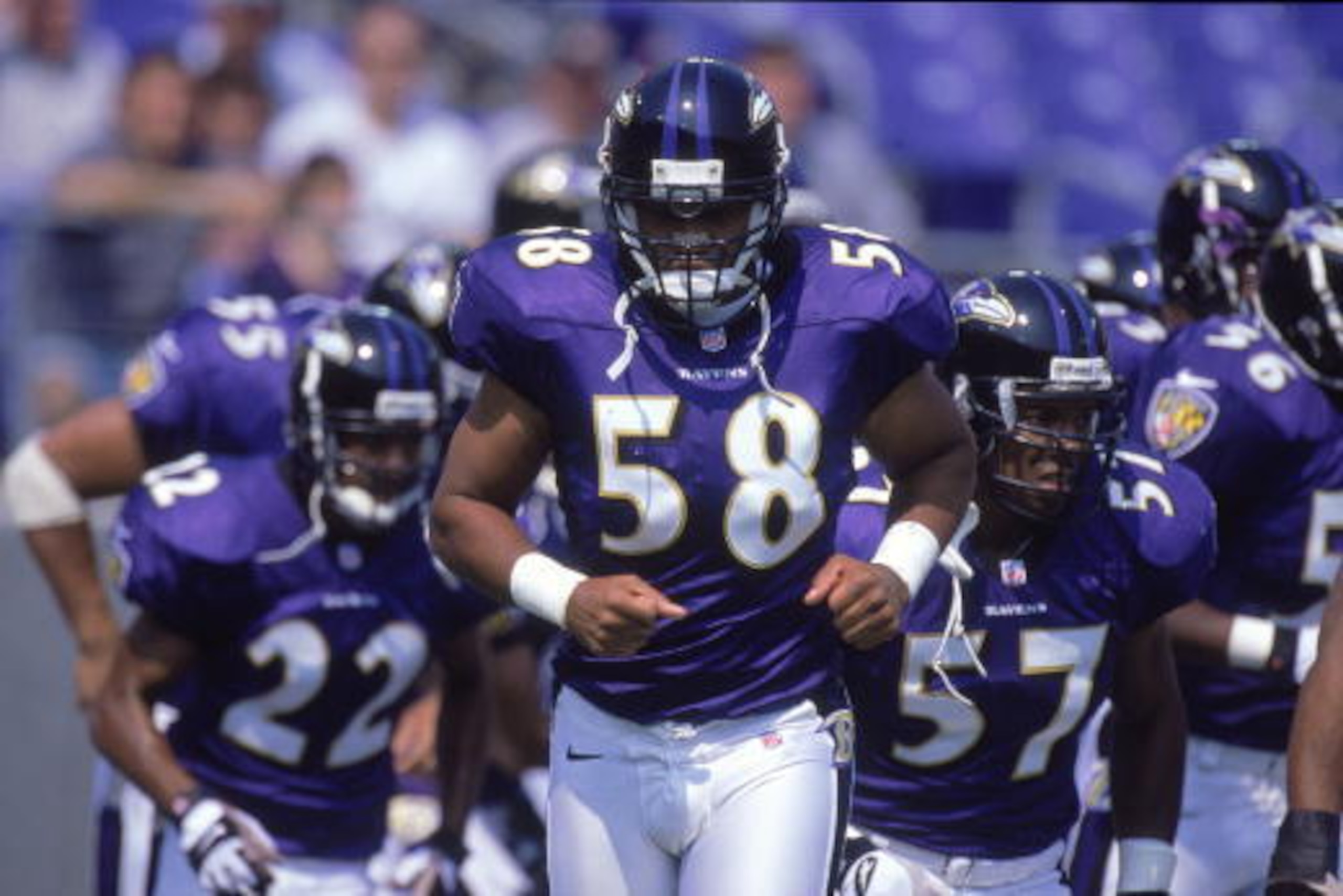 10 Sep 2000: Peter Boulware #58 of the Baltimore Ravens jogs out onto the field during the game against the Jacksonville Jaguars at Psinet Stadium in Baltimore, Maryland. The Ravens defeated the Jaguars 39-36.Mandatory Credit: Doug Pensinger  /Allsport