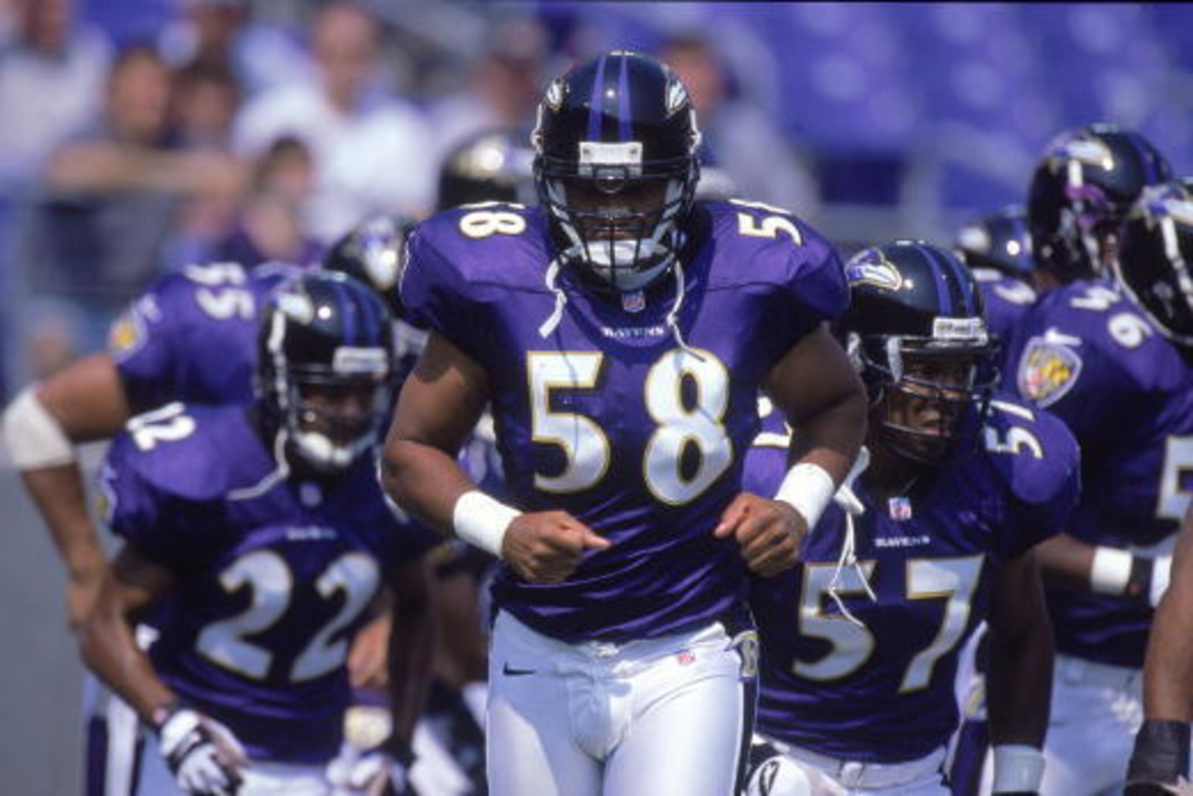 10 Sep 2000: Peter Boulware #58 of the Baltimore Ravens jogs out onto the field during the game against the Jacksonville Jaguars at Psinet Stadium in Baltimore, Maryland. The Ravens defeated the Jaguars 39-36.Mandatory Credit: Doug Pensinger  /Allsport