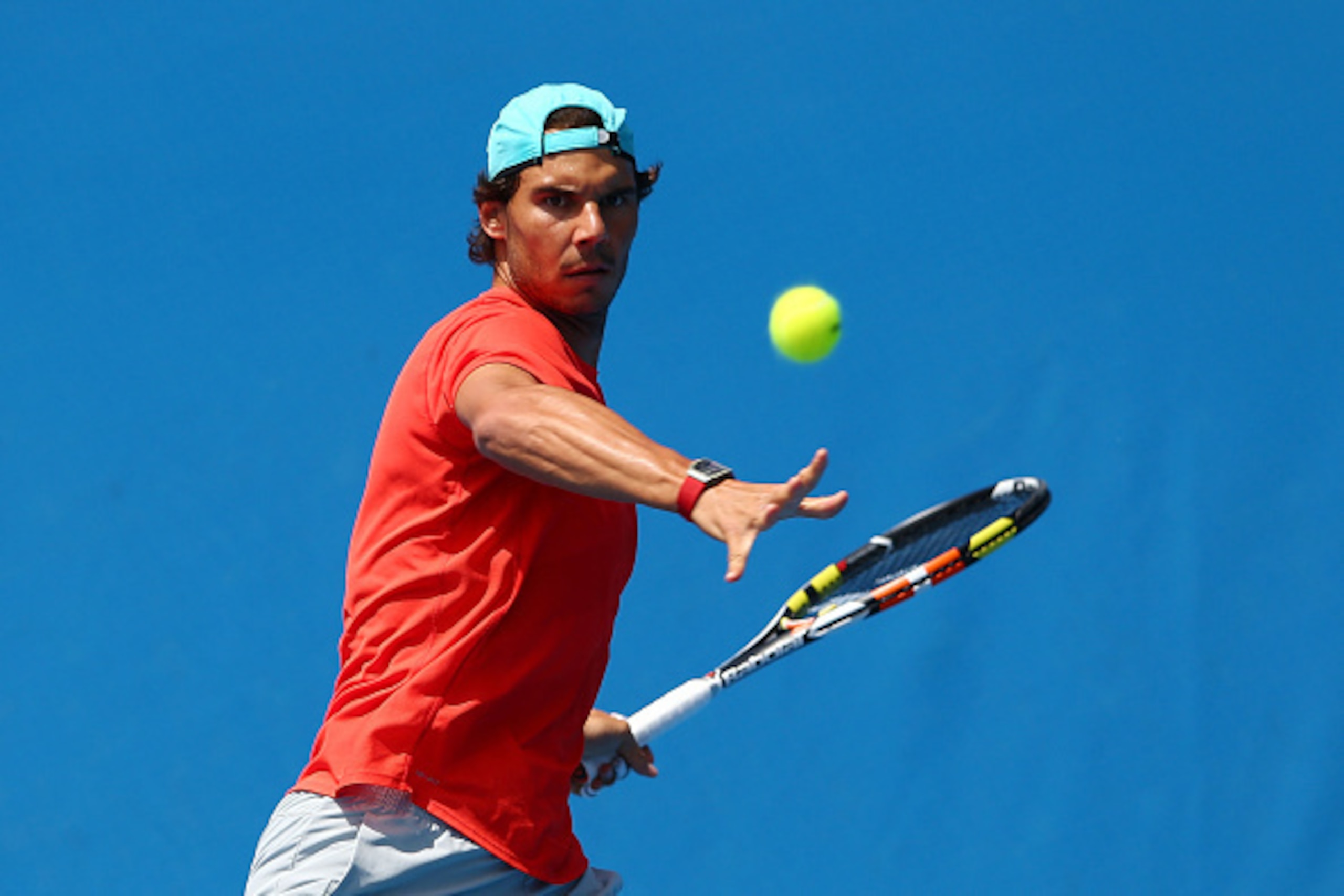 MELBOURNE, AUSTRALIA - JANUARY 24:  Rafael Nadal of Spain plays a forehand in a practice session during day six of the 2015 Australian Open at Melbourne Park on January 24, 2015 in Melbourne, Australia.  (Photo by Cameron Spencer/Getty Images)