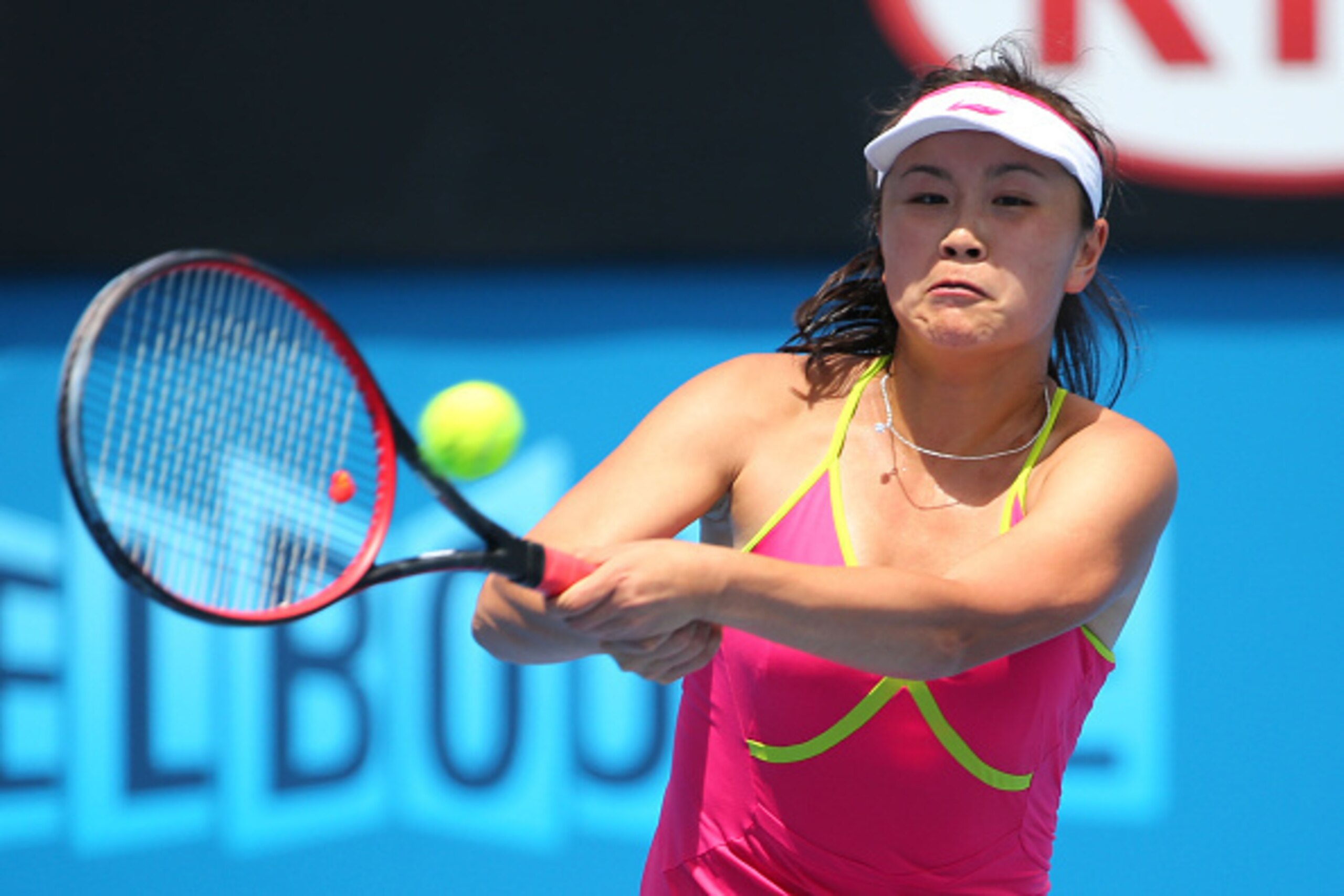 MELBOURNE, AUSTRALIA - JANUARY 23:  Shuai Peng of China plays a backhand in her third round match against Yaroslava Shvedova of Kazakhstan during day five of the 2015 Australian Open at Melbourne Park on January 23, 2015 in Melbourne, Australia.  (Photo b