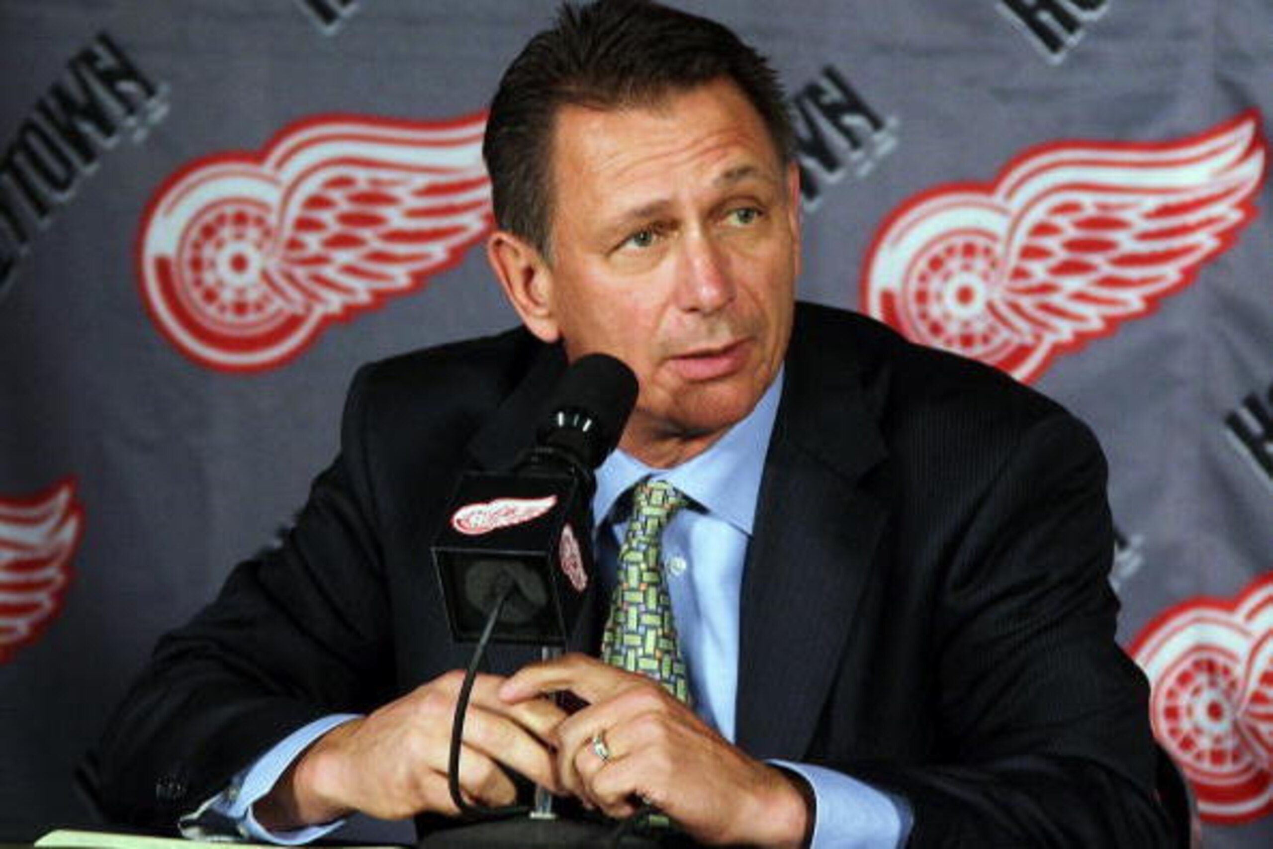 DETROIT - OCTOBER 12: Executive Vice President and General Manager, Ken Holland of the Detroit Red Wings address the media during a press conference to announce the retirement from hockey of Kirk Maltby #18 before a NHL game against the Colorado Avalanch DETROIT - OCTOBER 12: Executive Vice President and General Manager, Ken Holland of the Detroit Red Wings address the media during a press conference to announce the retirement from hockey of Kirk Maltby #18 before a NHL game against the Colorado Avalanch