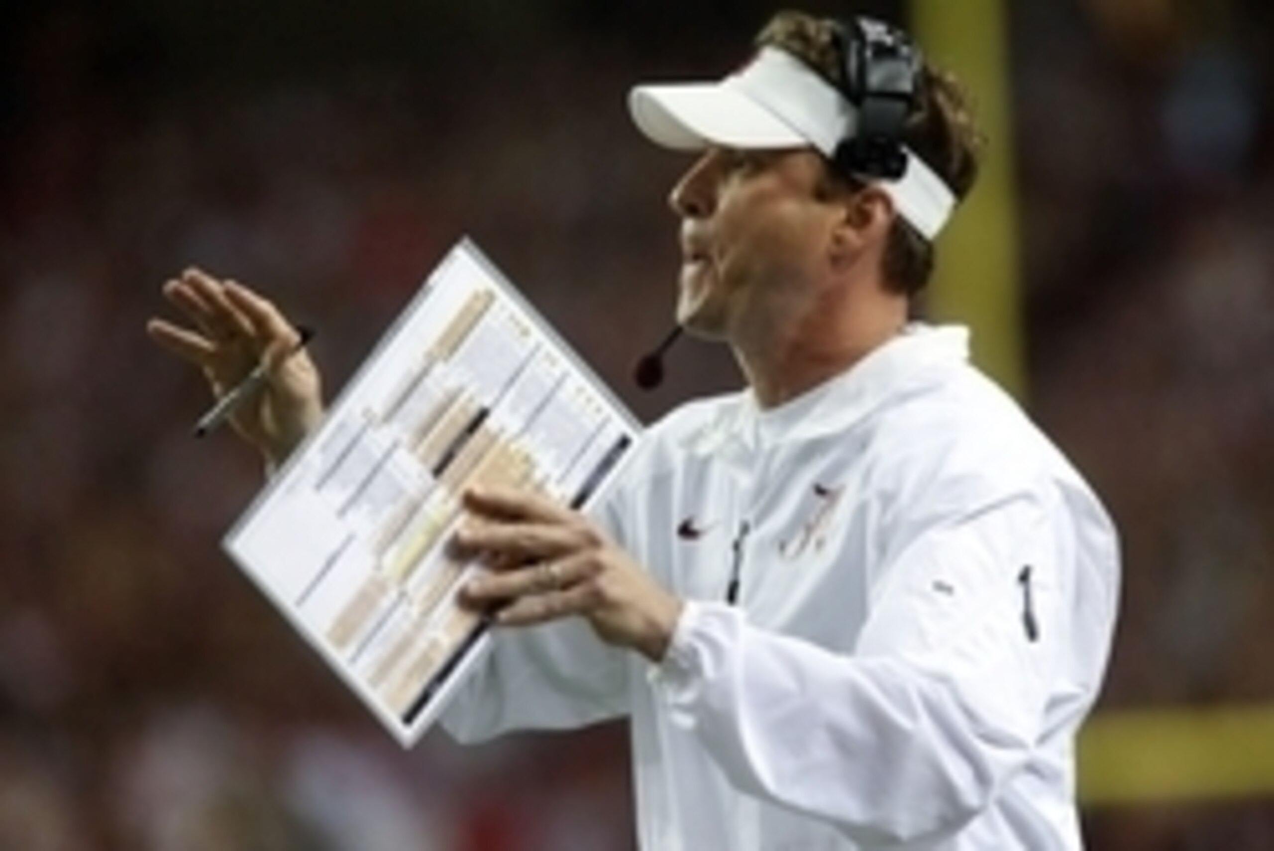 Dec 6, 2014; Atlanta, GA, USA; Alabama Crimson Tide offensive coordinator Lane Kiffin coaches from the sidelines against Missouri in the first quarter of the 2014 SEC Championship at the Georgia Dome. Alabama beat Missouri 42-13. Mandatory Credit: Jason G Dec 6, 2014; Atlanta, GA, USA; Alabama Crimson Tide offensive coordinator Lane Kiffin coaches from the sidelines against Missouri in the first quarter of the 2014 SEC Championship at the Georgia Dome. Alabama beat Missouri 42-13. Mandatory Credit: Jason G