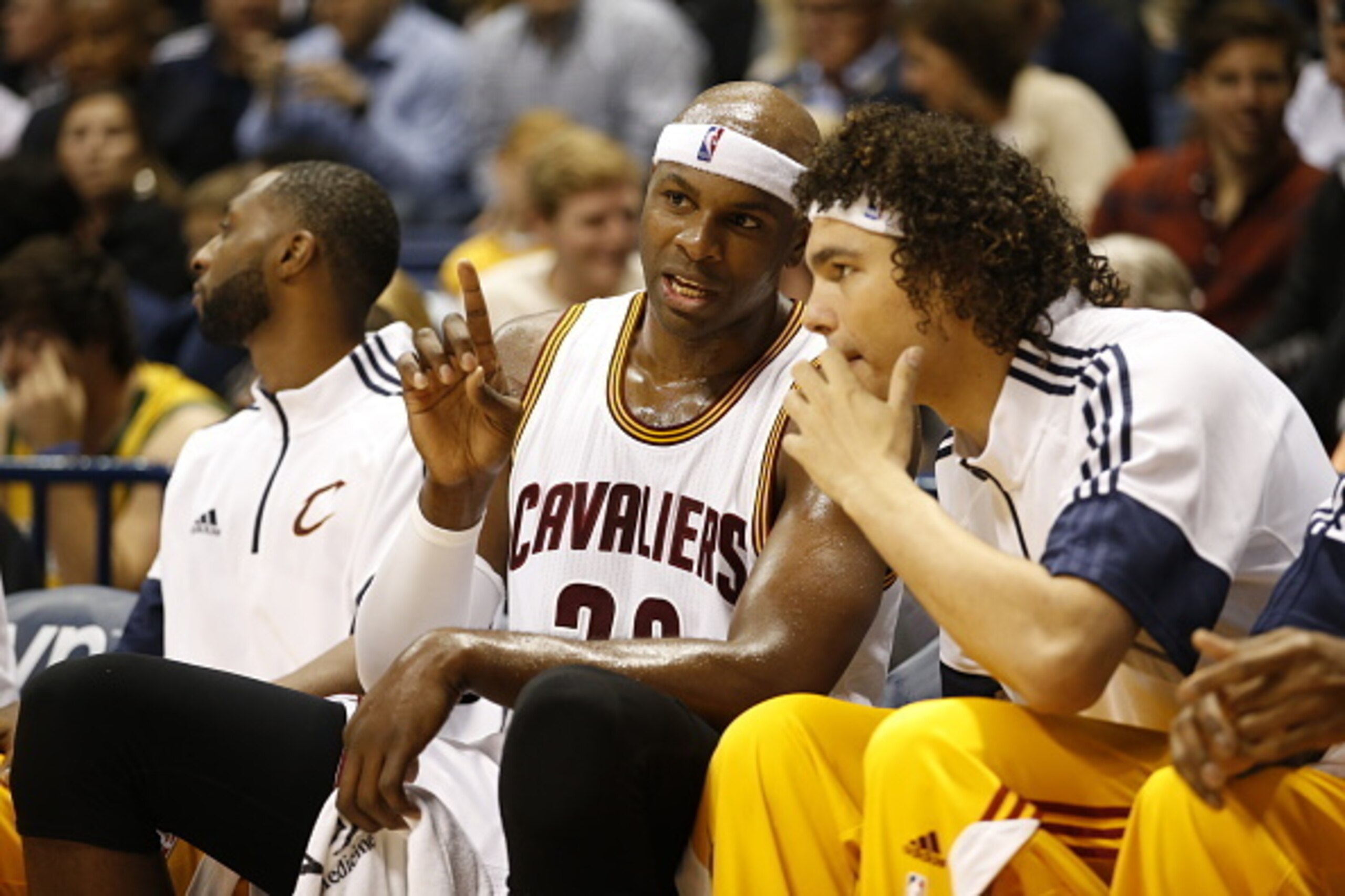 CINNCINNATI, OH - OCTOBER 15:  Brendan Haywood #33 of the Cleveland Cavaliers talks with teammate Anderson Varejao #17 during the game against the Indiana Pacers at the Cintas Center at Xavier University on October 15, 2014 in Cincinnati, Ohio. NOTE TO US