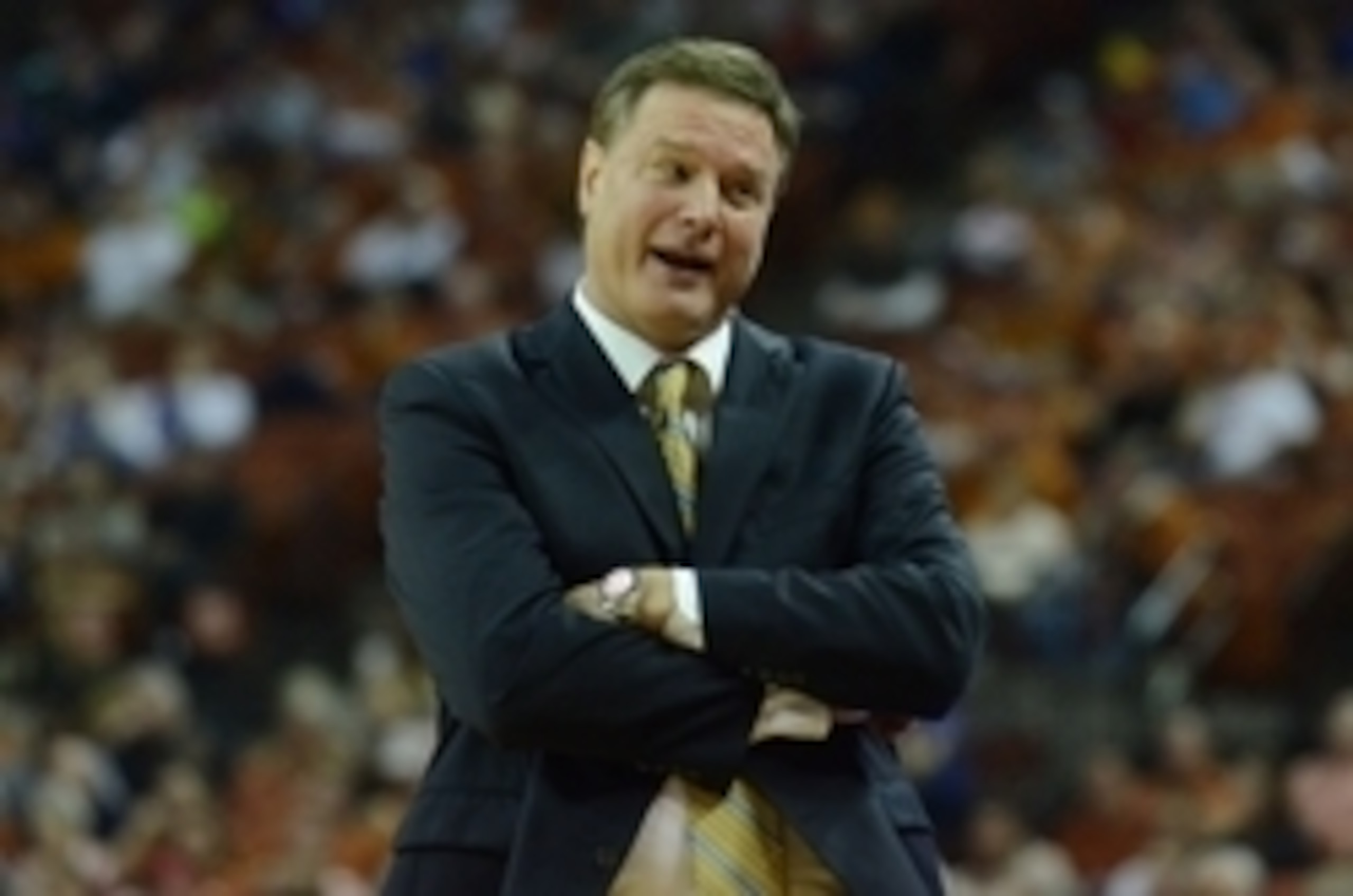 Jan 24, 2015; Austin, TX, USA; Kansas Jayhawks head coach Bill Self reacts from the sidelines against the Texas Longhorns during the second half at the Frank Erwin Special Events Center. The Jayhawks won 75-62. Mandatory Credit: Brendan Maloney-USA TODAY Jan 24, 2015; Austin, TX, USA; Kansas Jayhawks head coach Bill Self reacts from the sidelines against the Texas Longhorns during the second half at the Frank Erwin Special Events Center. The Jayhawks won 75-62. Mandatory Credit: Brendan Maloney-USA TODAY
