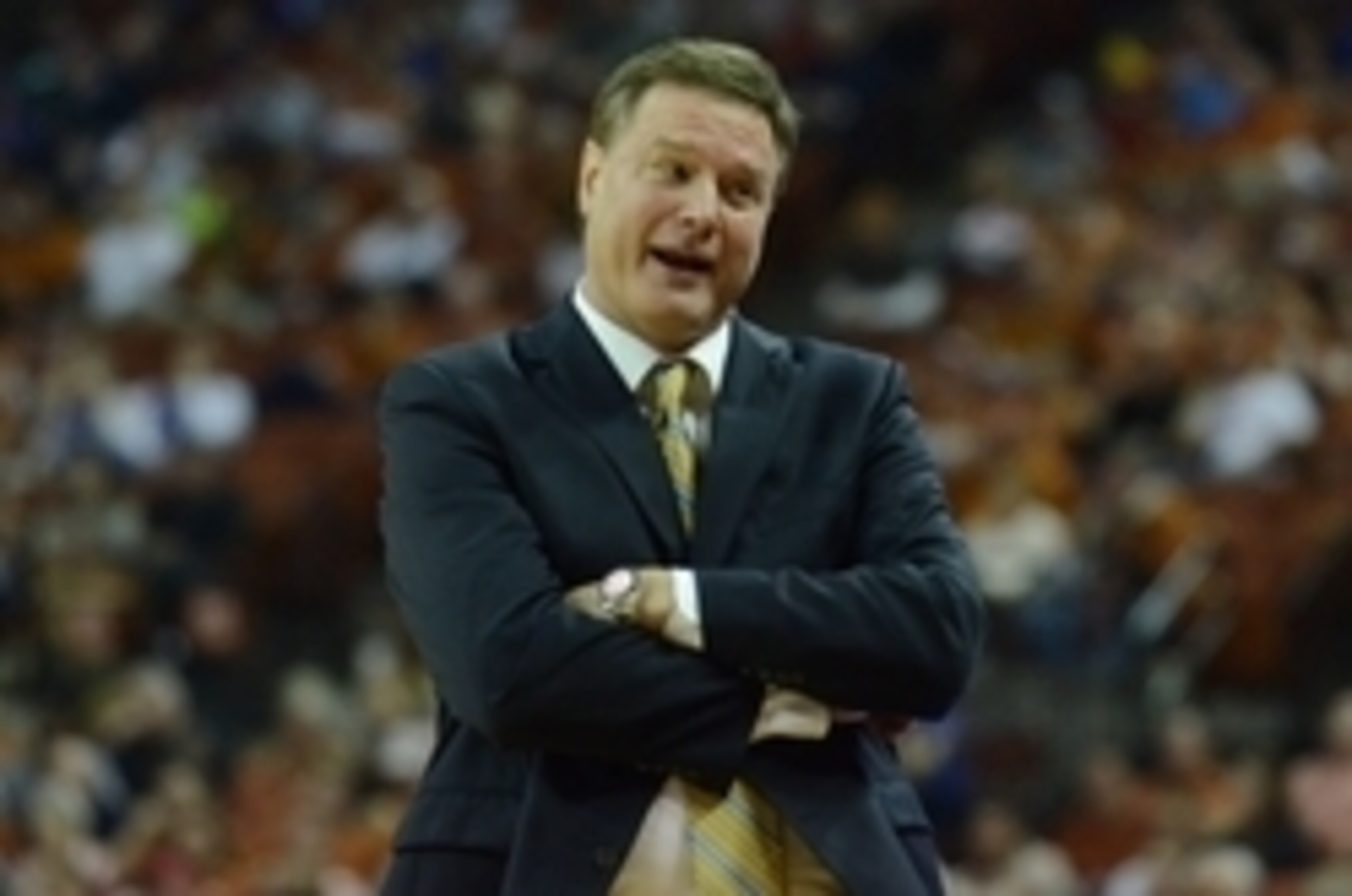 Jan 24, 2015; Austin, TX, USA; Kansas Jayhawks head coach Bill Self reacts from the sidelines against the Texas Longhorns during the second half at the Frank Erwin Special Events Center. The Jayhawks won 75-62. Mandatory Credit: Brendan Maloney-USA TODAY 