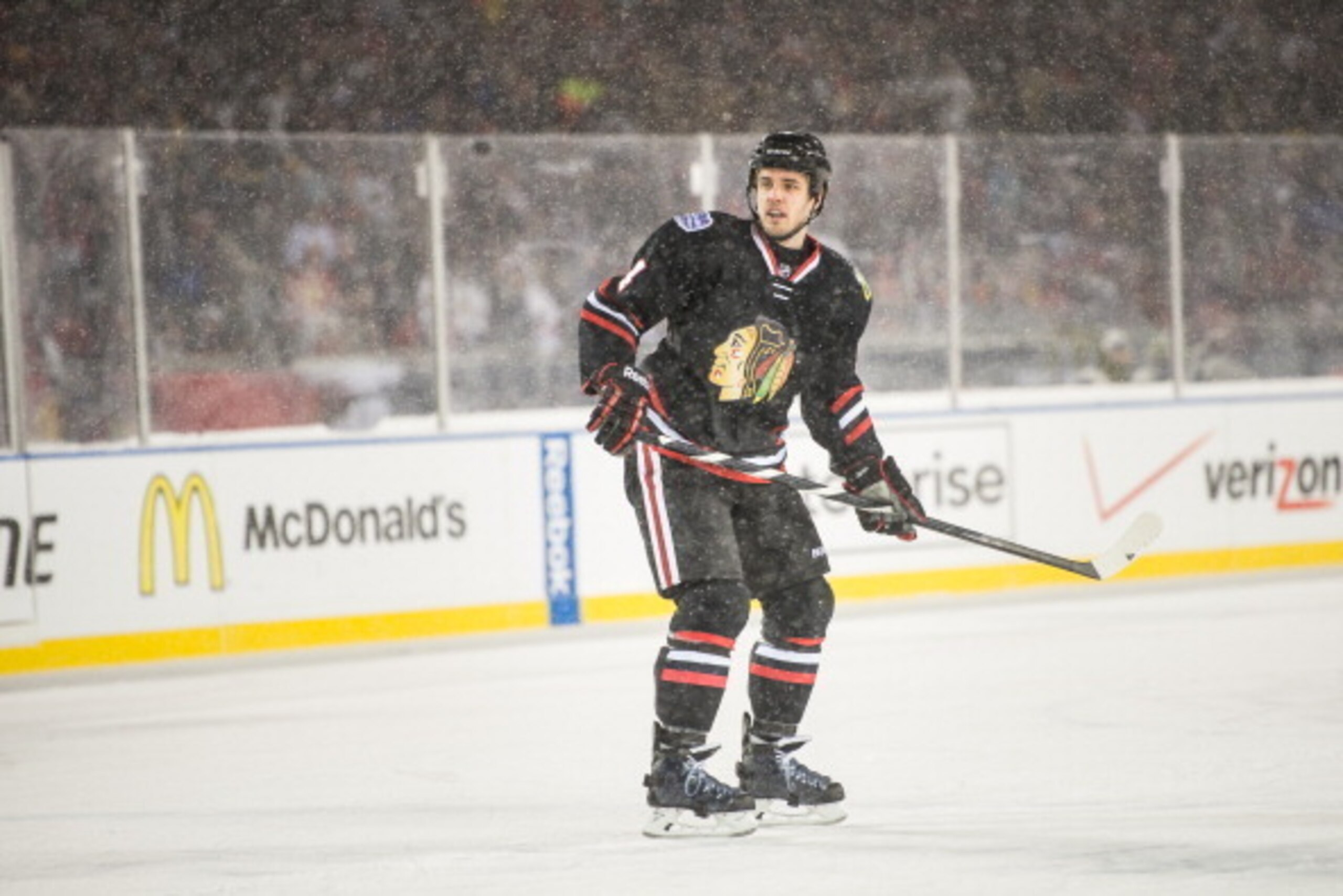 CHICAGO, IL - MARCH 1: Niklas Hjalmarsson #4 of the Chicago Blackhawks looks on during the 2014 NHL Stadium Series against the Pittsburgh Penguins on March 01, 2014 at Soldier Field in Chicago, Illinois. (Photo by Bill Smith/NHLI via Getty Images)