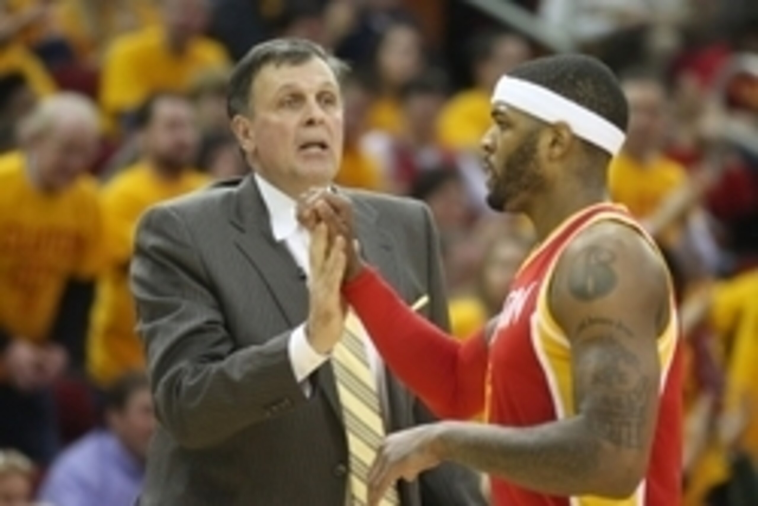 Jan 15, 2015; Houston, TX, USA; Houston Rockets head coach Kevin McHale (L) high fives forward Josh Smith (5) during a Oklahoma City Thunder timeout in the second half at Toyota Center. The Rockets won 112-101. Mandatory Credit: Thomas B. Shea-USA TODAY Jan 15, 2015; Houston, TX, USA; Houston Rockets head coach Kevin McHale (L) high fives forward Josh Smith (5) during a Oklahoma City Thunder timeout in the second half at Toyota Center. The Rockets won 112-101. Mandatory Credit: Thomas B. Shea-USA TODAY