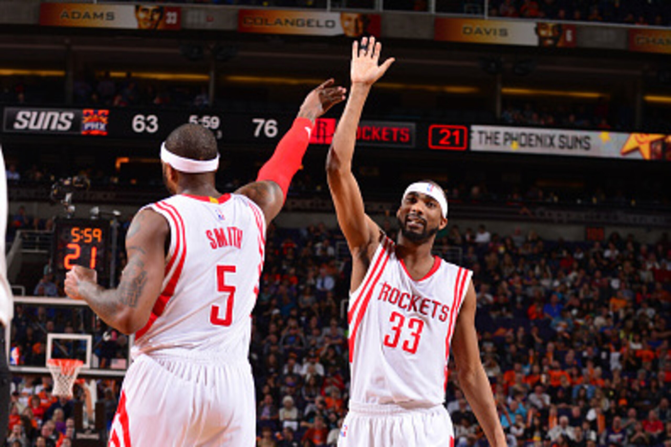 PHOENIX, AZ - JANUARY 23: Corey Brewer #33 and Josh Smith #5 of the Houston Rockets celebrate during the game against the Phoenix Suns on January 23, 2015 at U.S. Airways Center in Phoenix, Arizona. NOTE TO USER: User expressly acknowledges and agrees th PHOENIX, AZ - JANUARY 23: Corey Brewer #33 and Josh Smith #5 of the Houston Rockets celebrate during the game against the Phoenix Suns on January 23, 2015 at U.S. Airways Center in Phoenix, Arizona. NOTE TO USER: User expressly acknowledges and agrees th