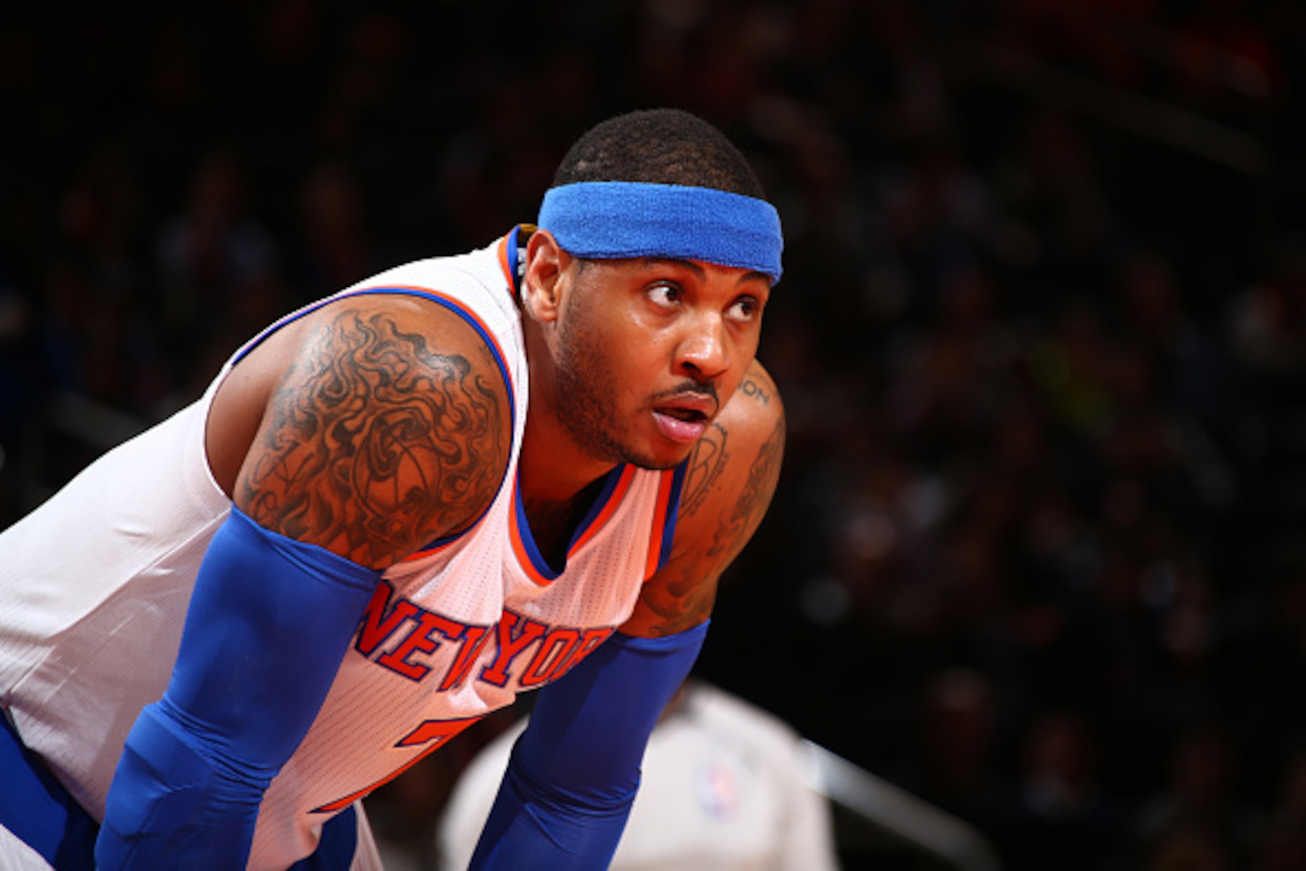 NEW YORK, NY - JANUARY 23:  Carmelo Anthony #7 of the New York Knicks during the game against the Orlando Magic on January 23, 2015 at Madison Square Garden in New York City, New York.  NOTE TO USER: User expressly acknowledges and agrees that, by downloa