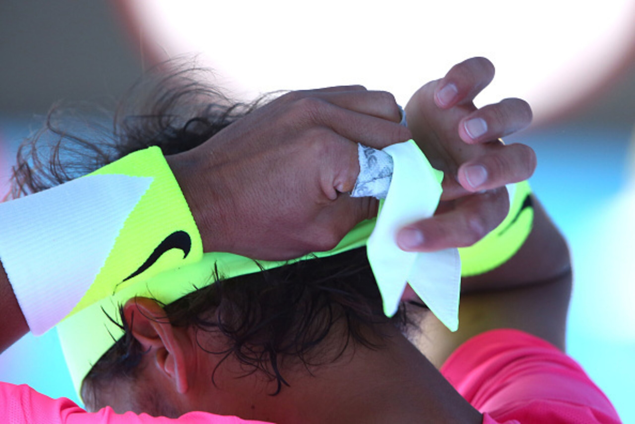 MELBOURNE, AUSTRALIA - JANUARY 25:  Rafael Nadal of Spain looks on in his fourth round match against Kevin Anderson of South Africa during day seven of the 2015 Australian Open at Melbourne Park on January 25, 2015 in Melbourne, Australia.  (Photo by Cliv