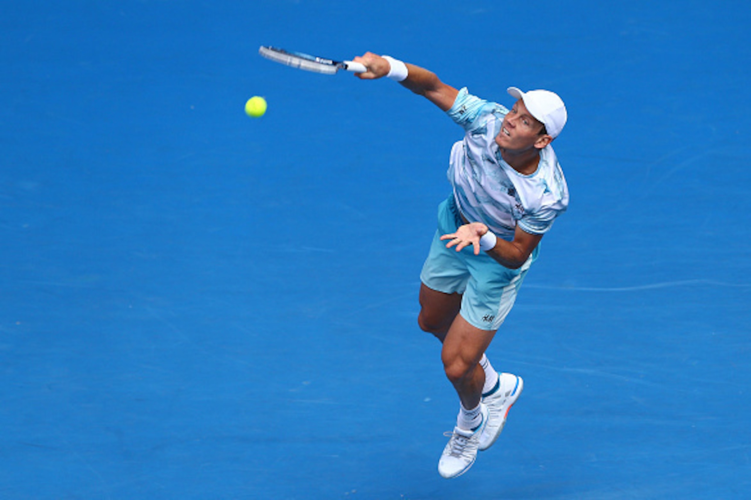 MELBOURNE, AUSTRALIA - JANUARY 25:  Tomas Berdych of the Czech Republic serves in his fourth round match against Bernard Tomic of Australia during day seven of the 2015 Australian Open at Melbourne Park on January 25, 2015 in Melbourne, Australia.  (Photo
