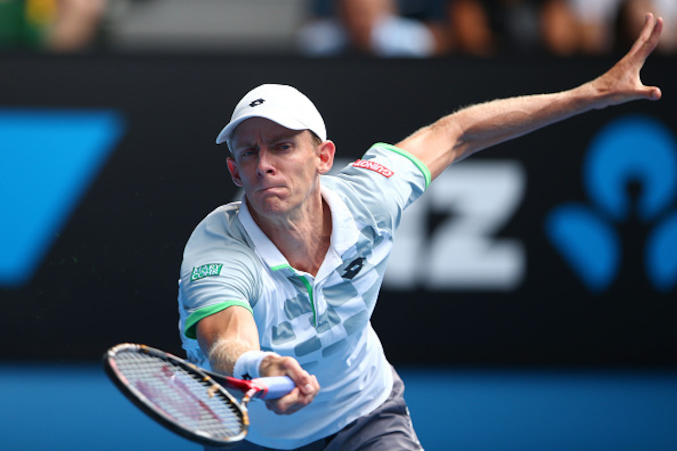 MELBOURNE, AUSTRALIA - JANUARY 25:  Kevin Anderson of South Africa plays a forehand in his fourth round match against Rafael Nadal of Spain during day seven of the 2015 Australian Open at Melbourne Park on January 25, 2015 in Melbourne, Australia.  (Photo