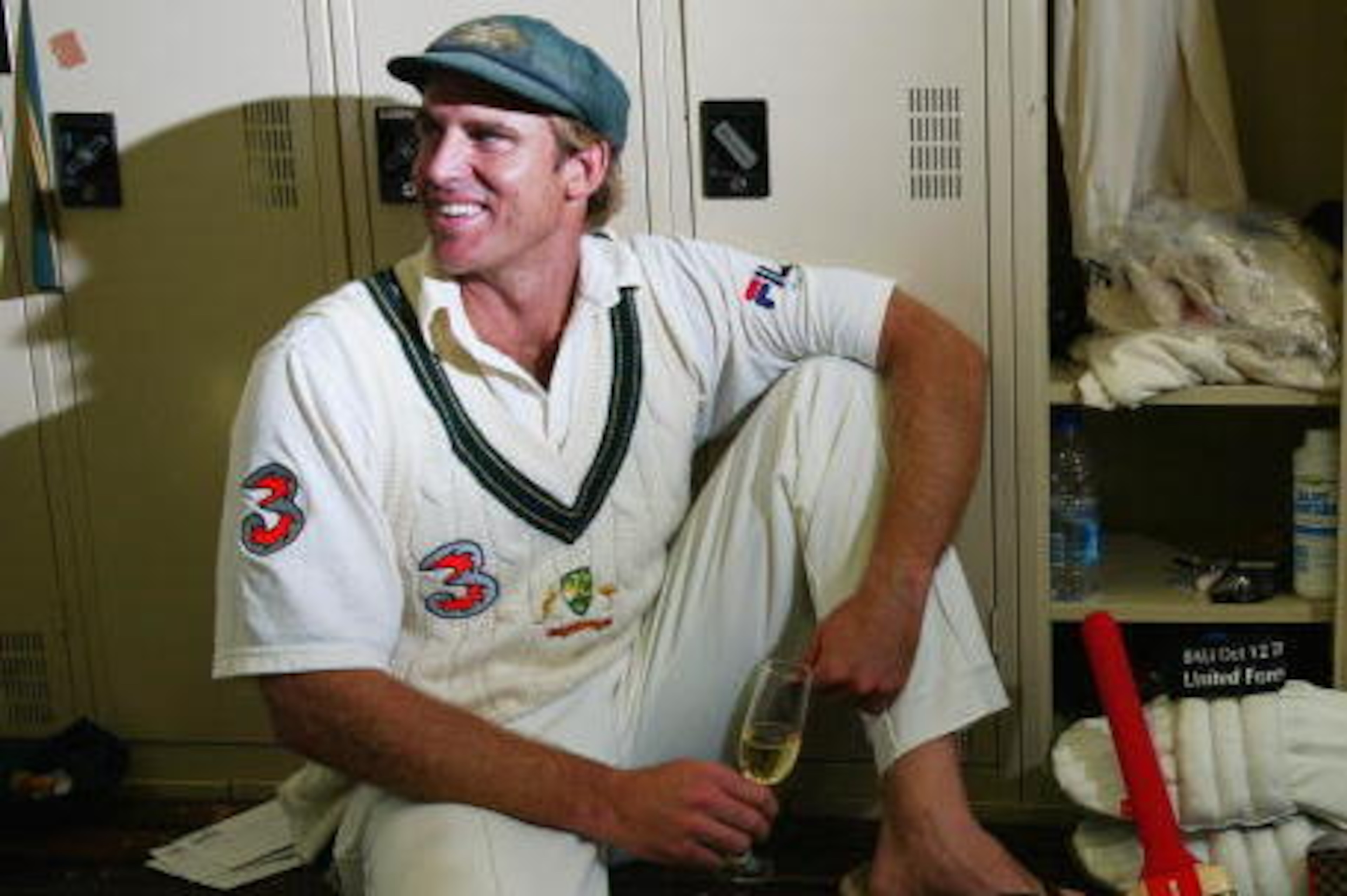 PERTH, AUSTRALIA - OCTOBER 10:  Matthew Hayden of Australia relaxes in the rooms after scoring 380 to break Brian Lara of The West Indies world record of 375 during day two of the First Test between Australia and Zimbabwe played at the WACA Ground on Octo
