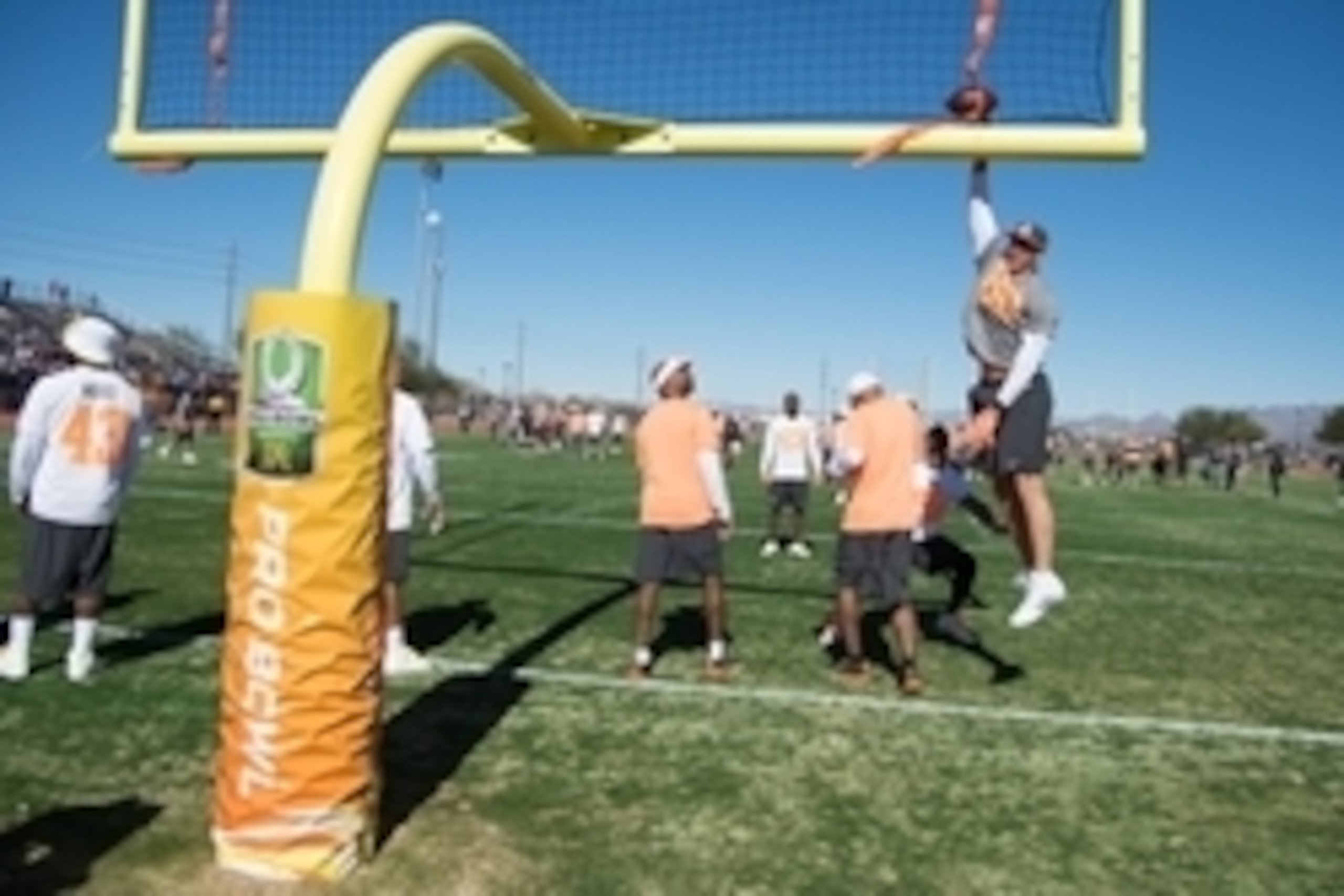 January 24, 2015; Scottsdale, AZ, USA; Team Irvin tight end Jimmy Graham of the New Orleans Saints (80) dunks the football on the goal post during the 2015 Pro Bowl practice at Scottsdale Community College. Mandatory Credit: Kyle Terada-USA TODAY Sports