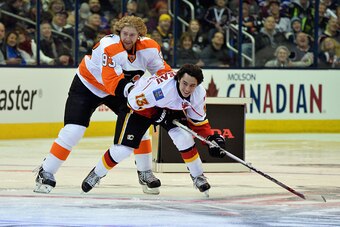 COLUMBUS, OH - JANUARY 24:  Jakub Voracek #93 of the Philadelphia Flyers and Team Toews and Johnny Gaudreau #13 of the Calgary Flames and Team Toews compete in the Honda NHL Breakaway Challenge event of the 2015 Honda NHL All-Star Skills Competition at Na