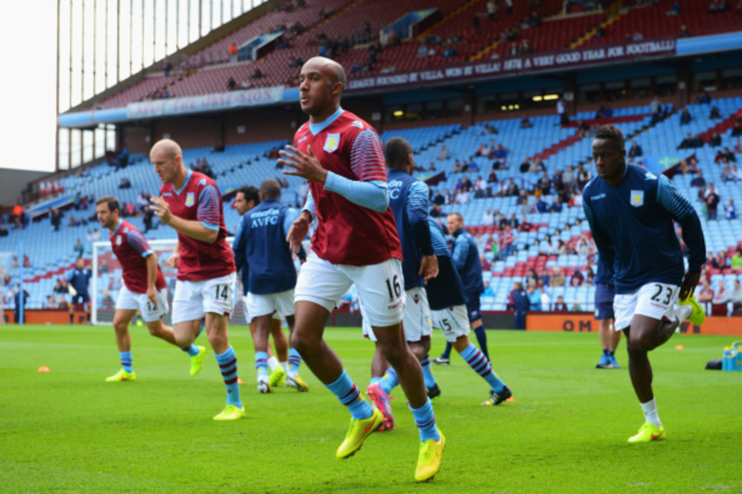 BIRMINGHAM, ENGLAND - AUGUST 23: Fabian Delph of Aston Villa warms up with team mates prior to the Barclays Premier League match between Aston Villa and Newcastle United at Villa Park on August 23, 2014 in Birmingham, England.  (Photo by Michael Regan/Get