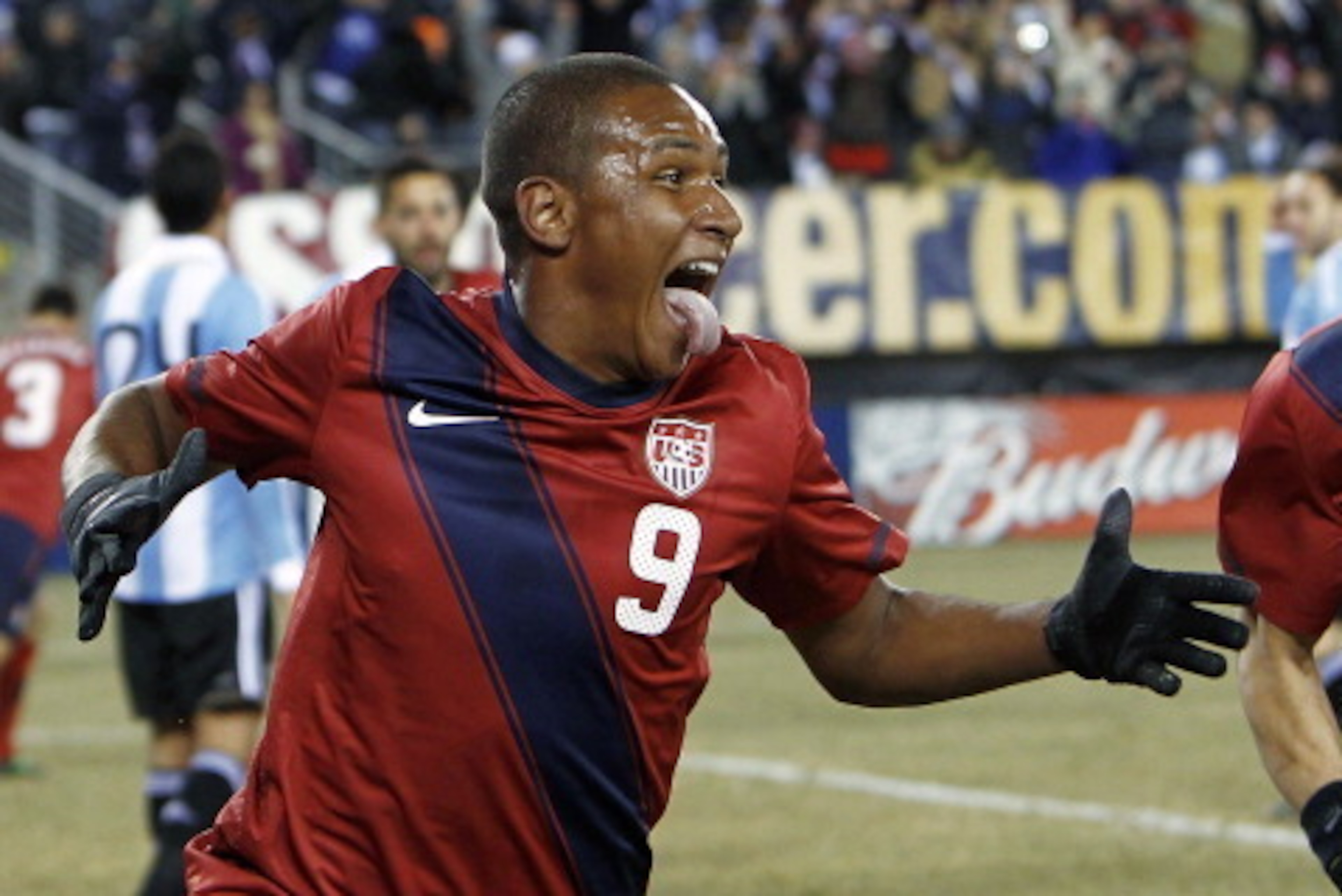 EAST RUTHERFORD, NJ - MARCH 26:  Juan Agudelo #9 and Oguchi Onyewu #5 of the United States celebrate Agudelo's game-tying goal during the second half of a friendly match against Argentina at New Meadowlands Stadium on March 26, 2011 in East Rutherford, Ne