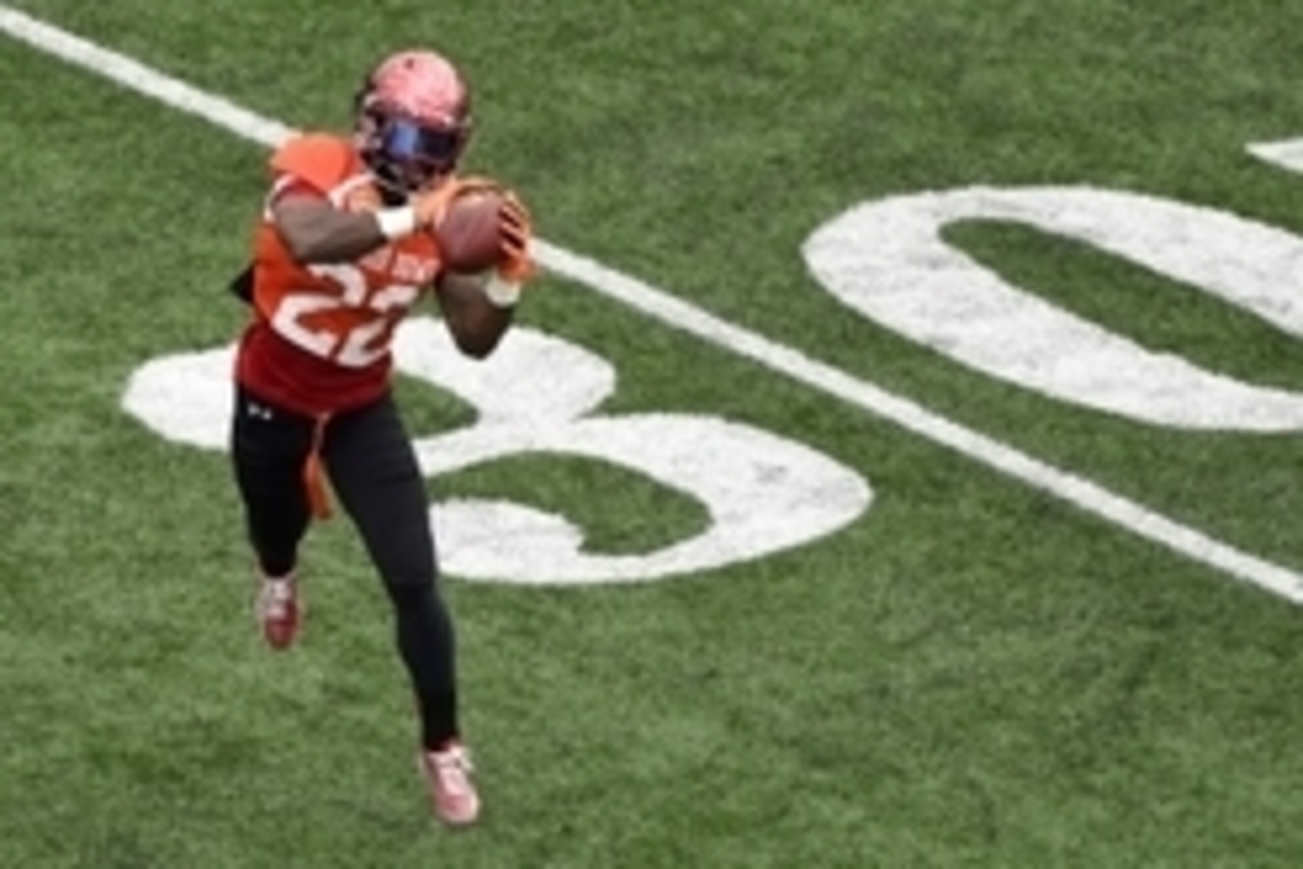 Jan 22, 2015; Mobile, AL, USA; North squad defensive corner Quinten Rollins of Miami (Ohio) (22) runs through drills during Senior Bowl practice at Ladd-Peebles Stadium. Mandatory Credit: John David Mercer-USA TODAY Sports