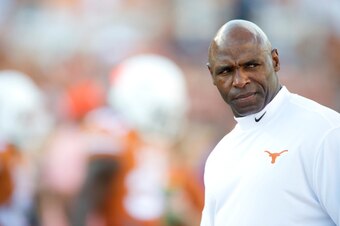 AUSTIN, TX - AUGUST 30:  Texas Longhorns head coach Charlie Strong looks on during warmups before kickoff against the North Texas Mean Green on August 30, 2014 at Darrell K Royal-Texas Memorial Stadium in Austin, Texas.  (Photo by Cooper Neill/Getty Image